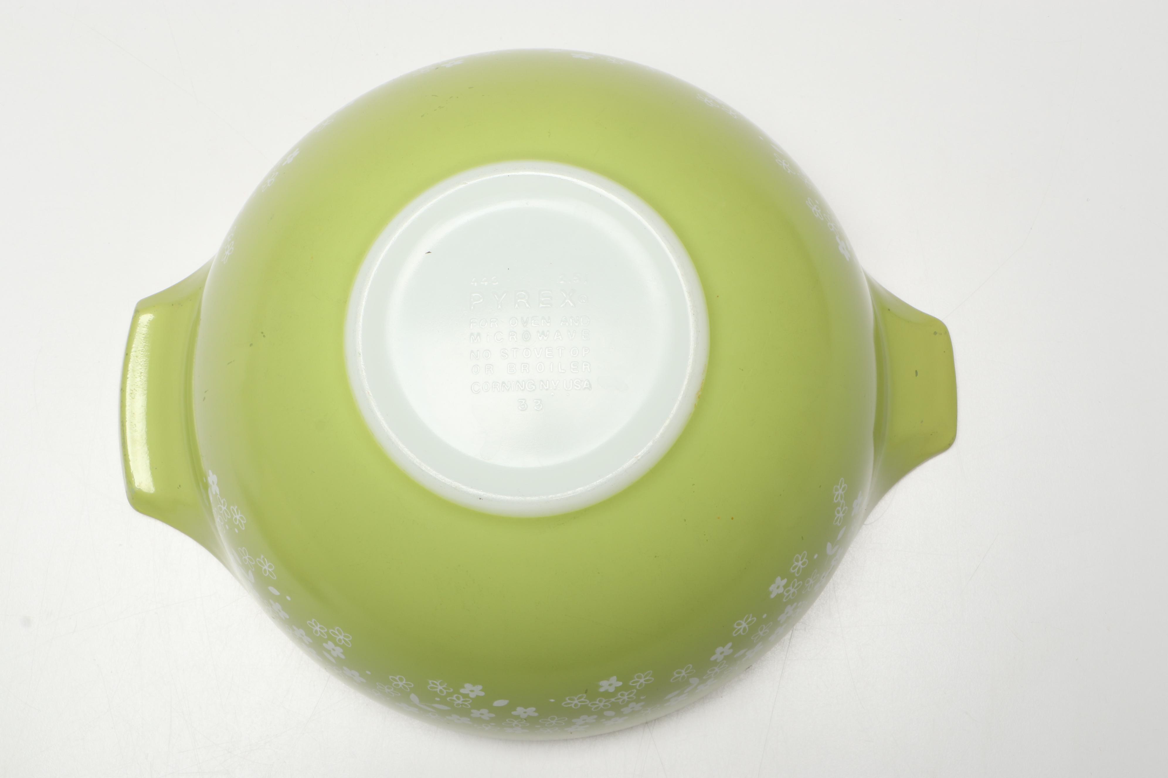 Pyrex "Crazy Daisy" Cinderella Mixing Bowls with "Verde" Round Casseroles
