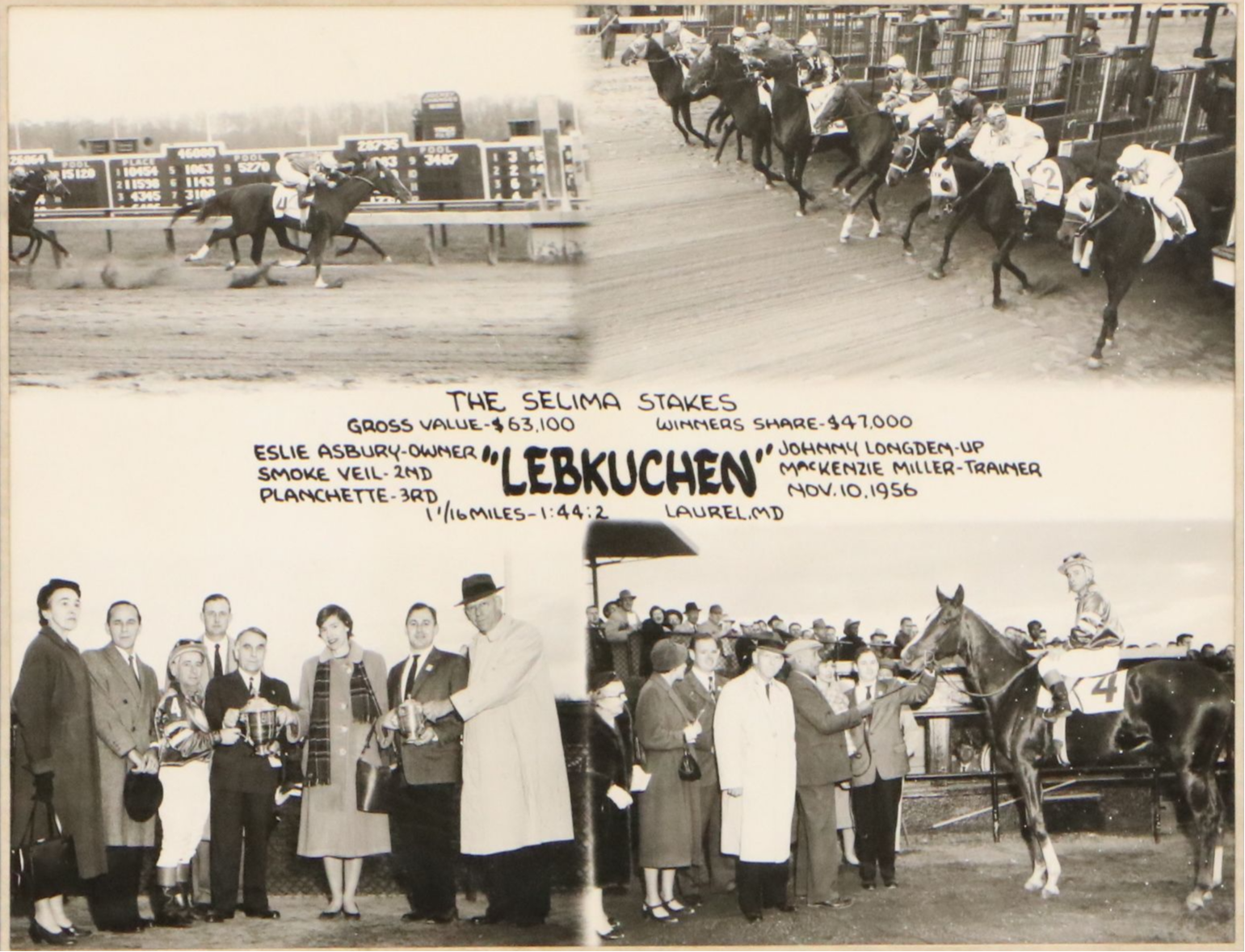 Laurel Park Selima Stakes Winner Lebkuchen Photo Finish Collage, 1956