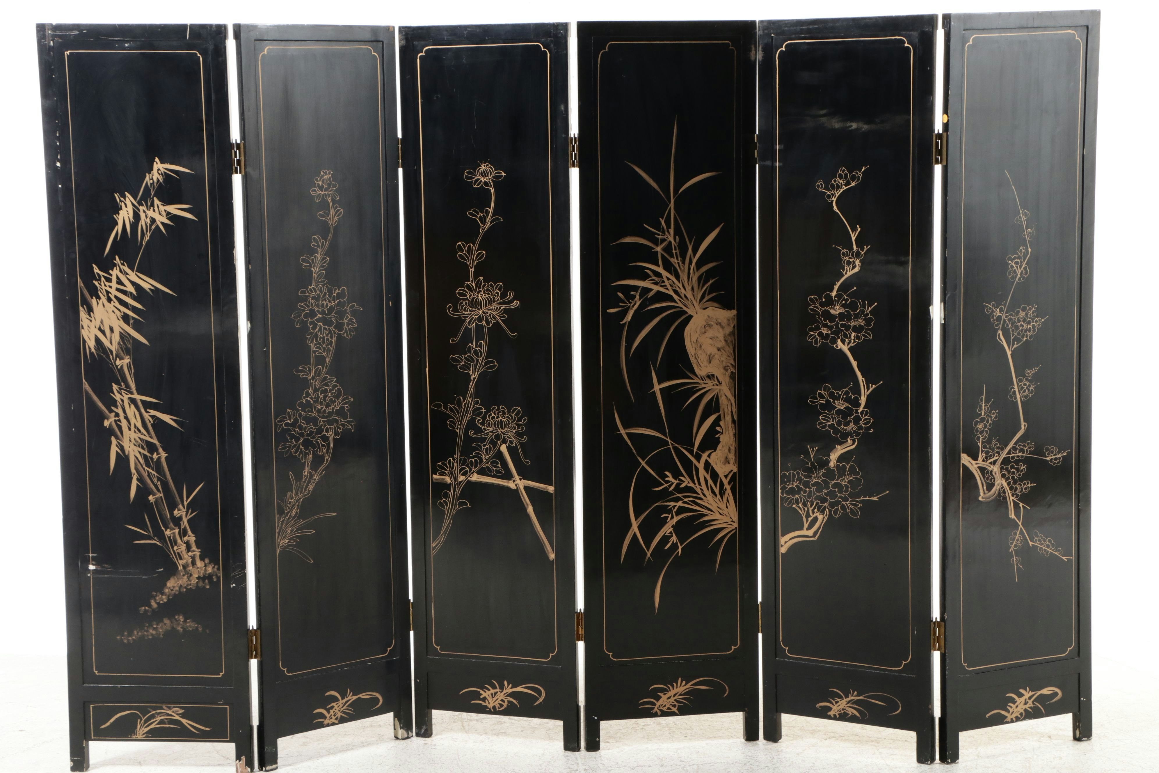 Chinese Lacquered Wood Six-Panel Screen
