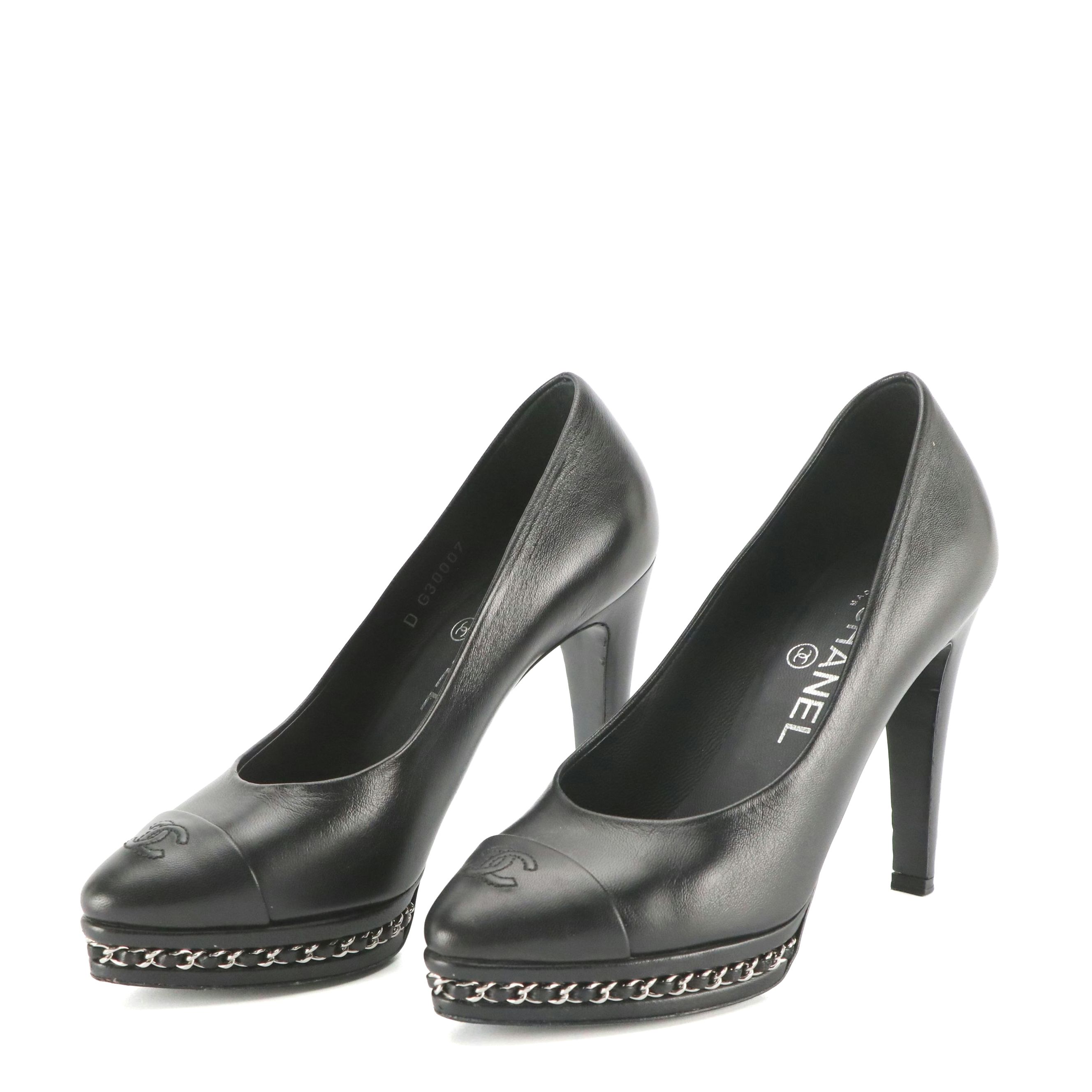 Chanel CC Cap Toe Chain Trim Platform Pumps in Leather with Box