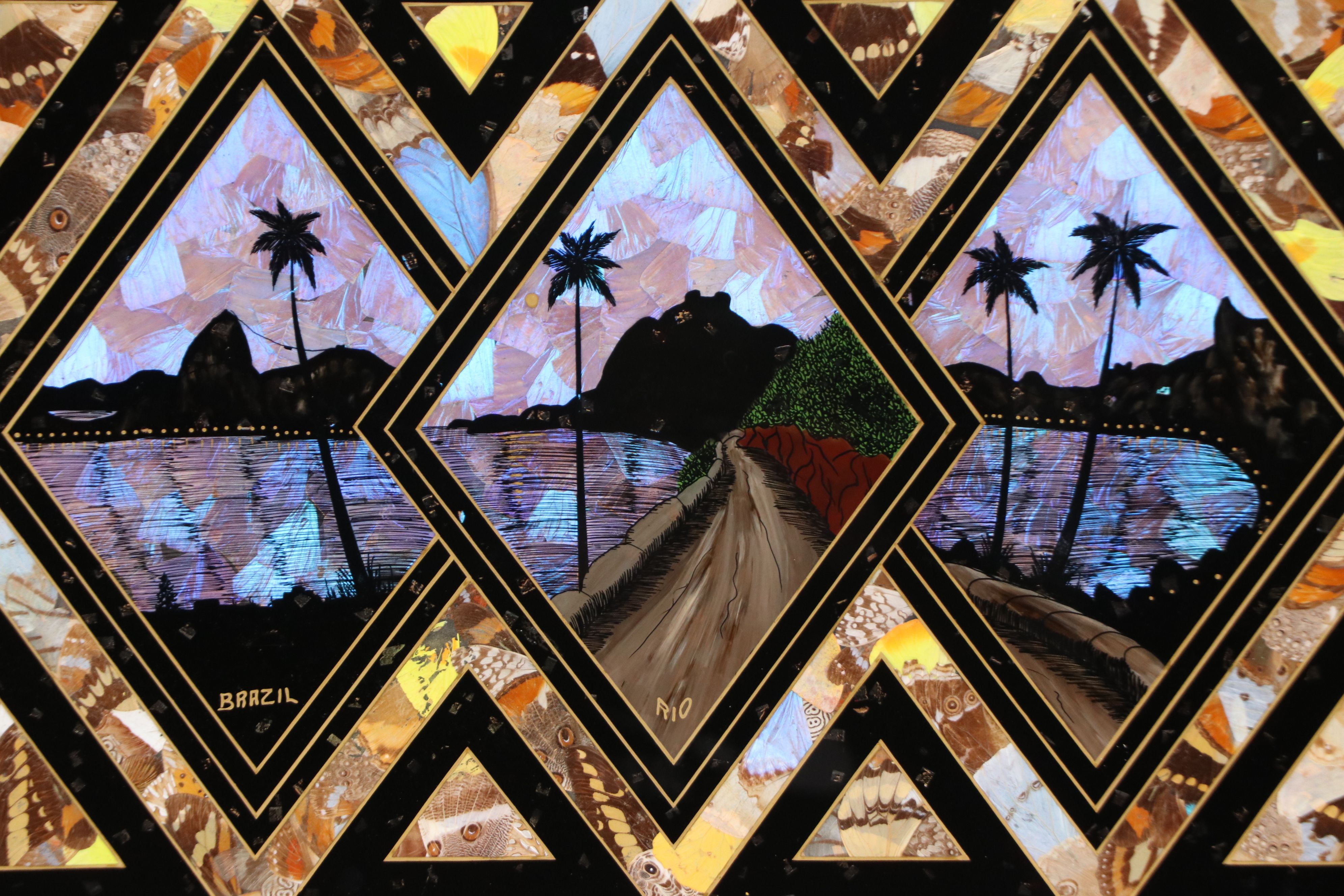 Brazilian Landscape Reverse Glass Painting with Butterfly Wings