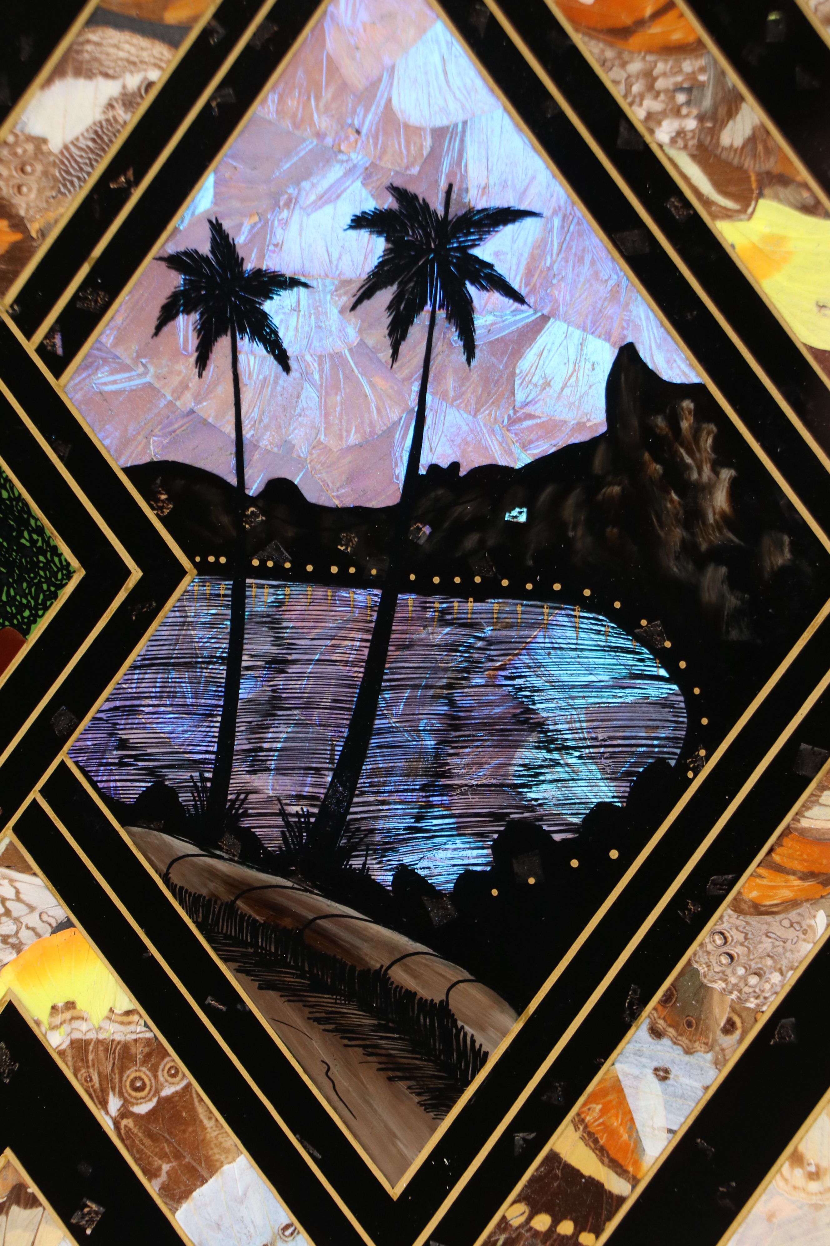 Brazilian Landscape Reverse Glass Painting with Butterfly Wings