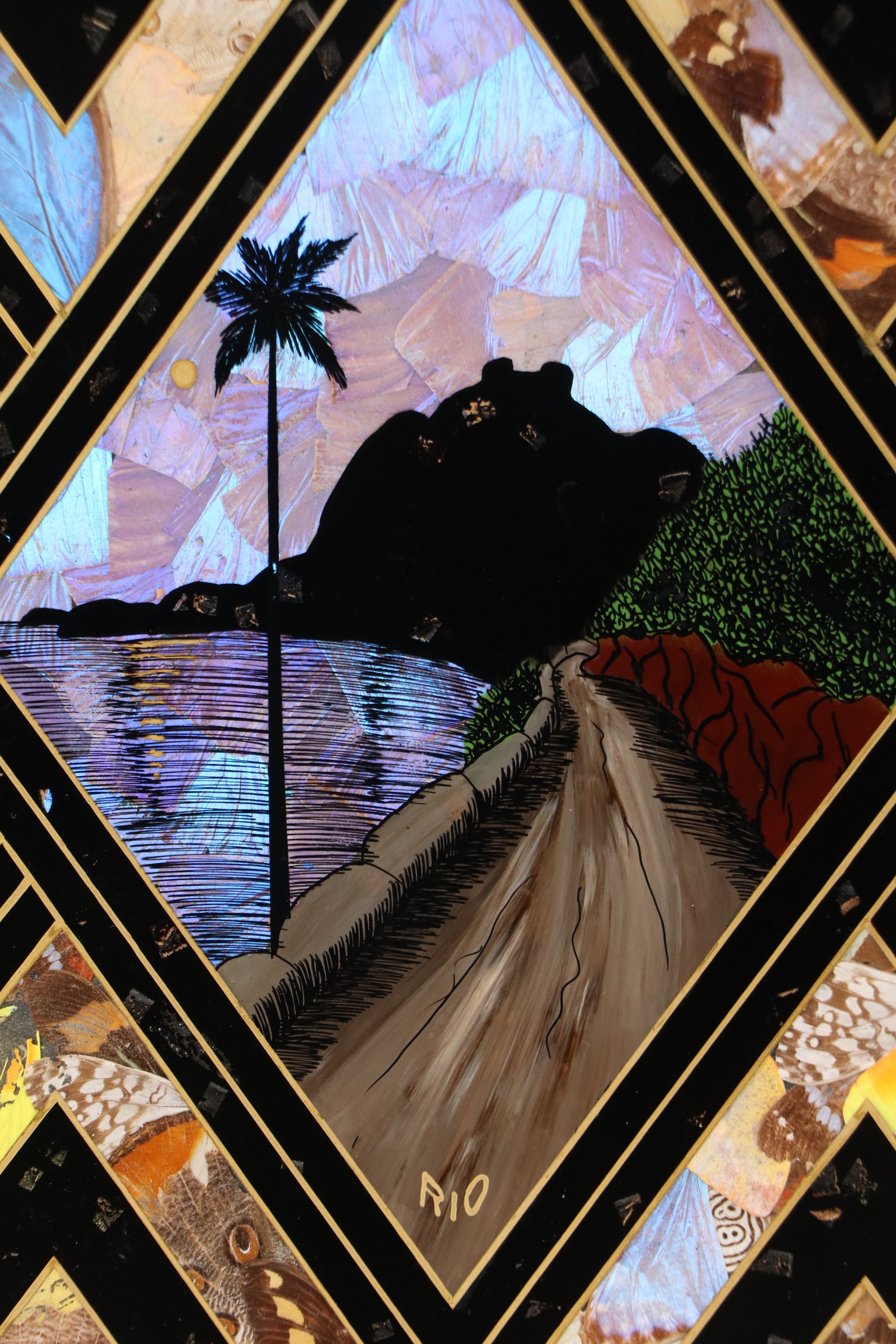 Brazilian Landscape Reverse Glass Painting with Butterfly Wings