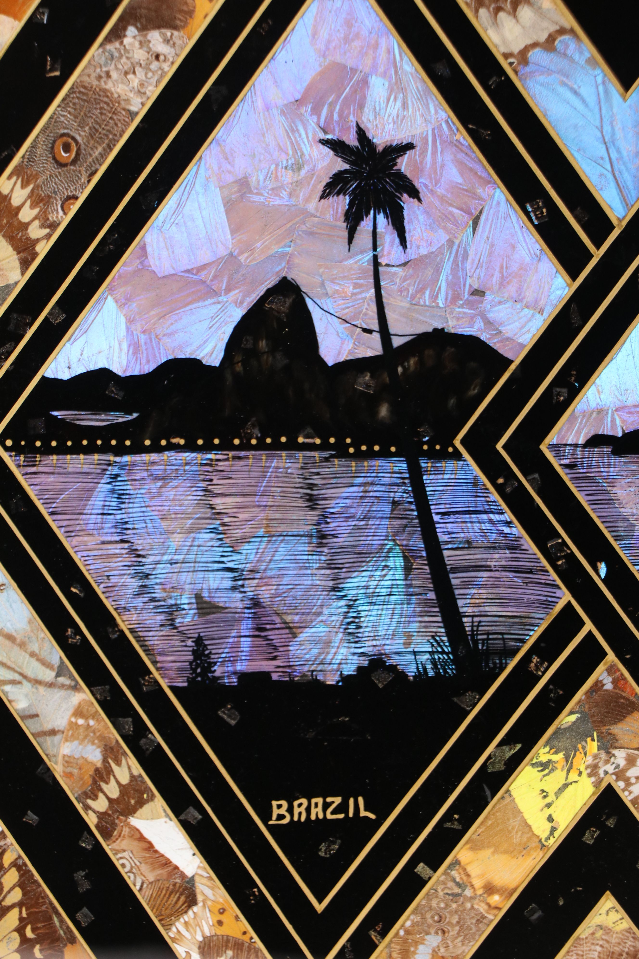 Brazilian Landscape Reverse Glass Painting with Butterfly Wings