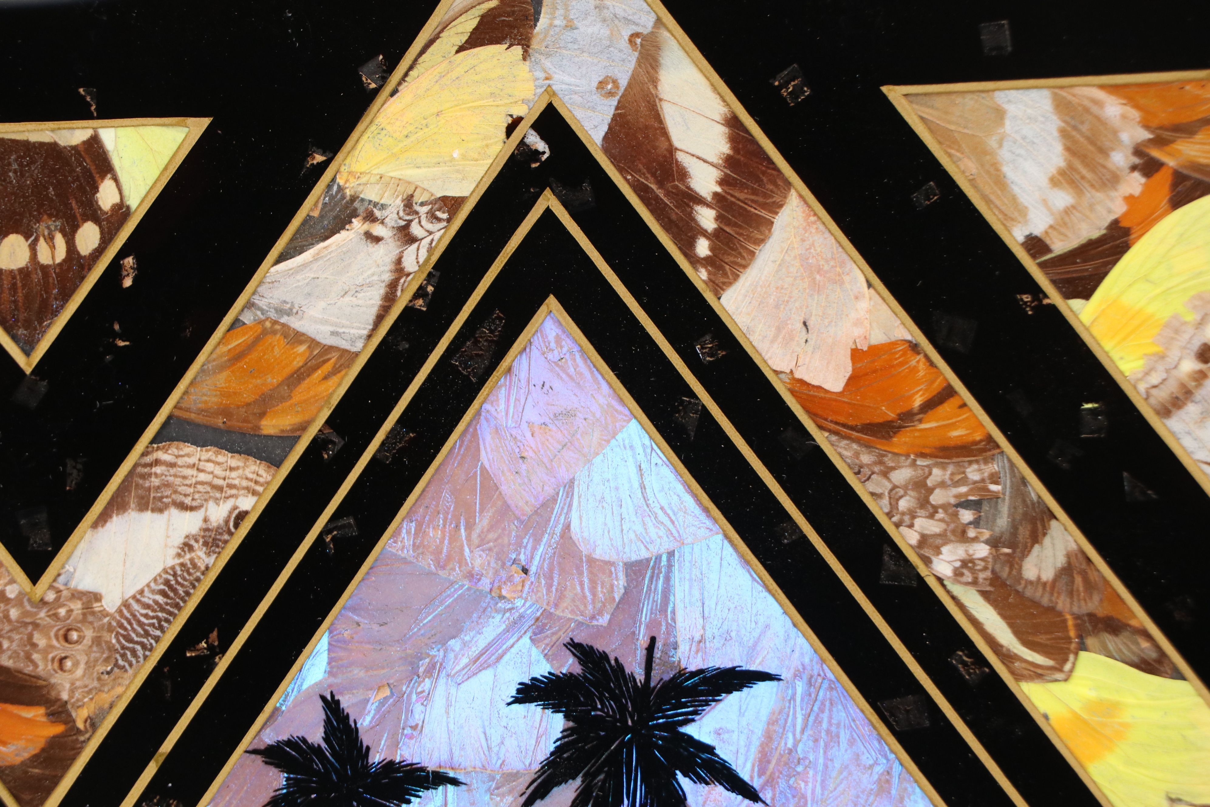 Brazilian Landscape Reverse Glass Painting with Butterfly Wings