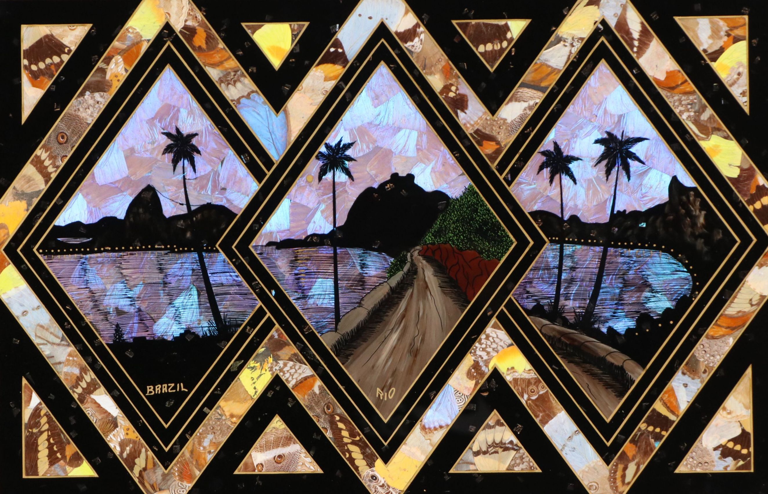 Brazilian Landscape Reverse Glass Painting with Butterfly Wings