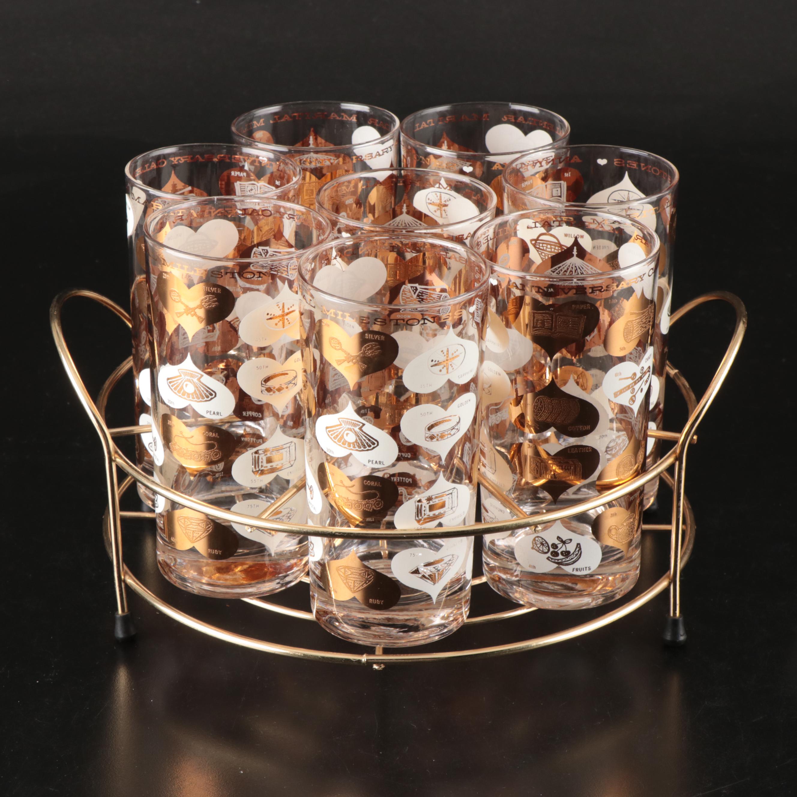 Vintage Anniversary Milestones Gilt Accented Tumblers with Caddy