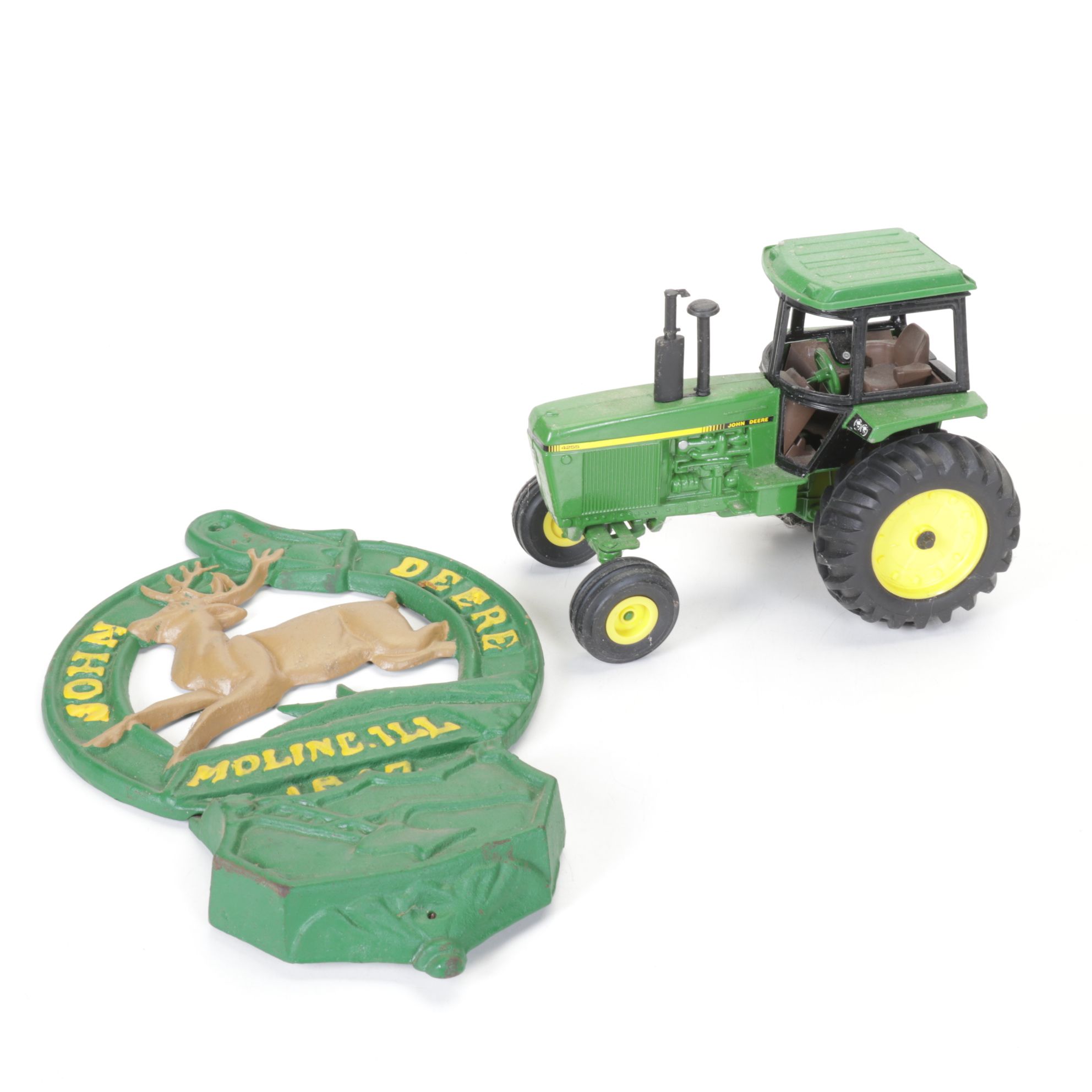 John Deere Cast Iron Wall-Mounted Letter Holder and Toy Tractor