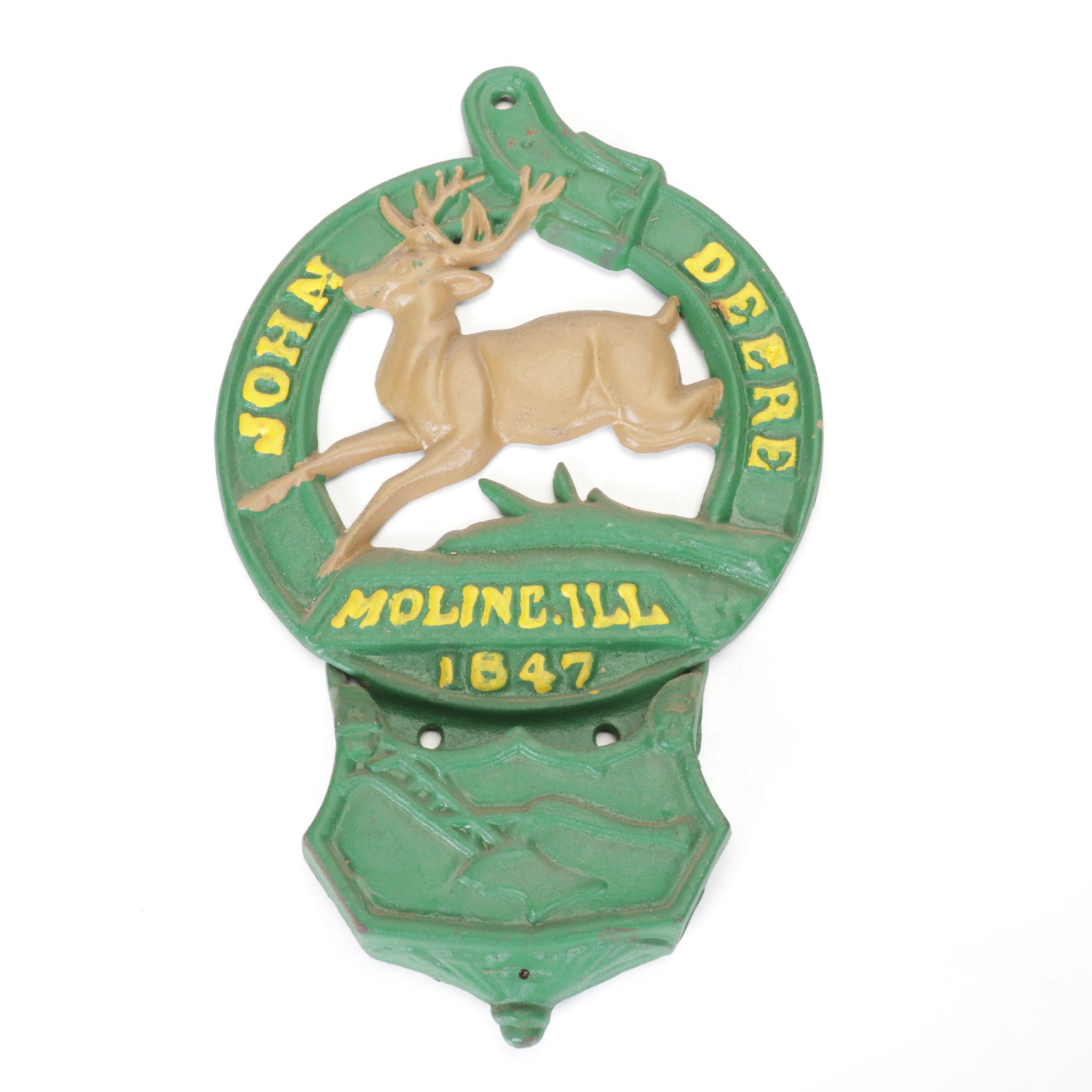 John Deere Cast Iron Wall-Mounted Letter Holder and Toy Tractor