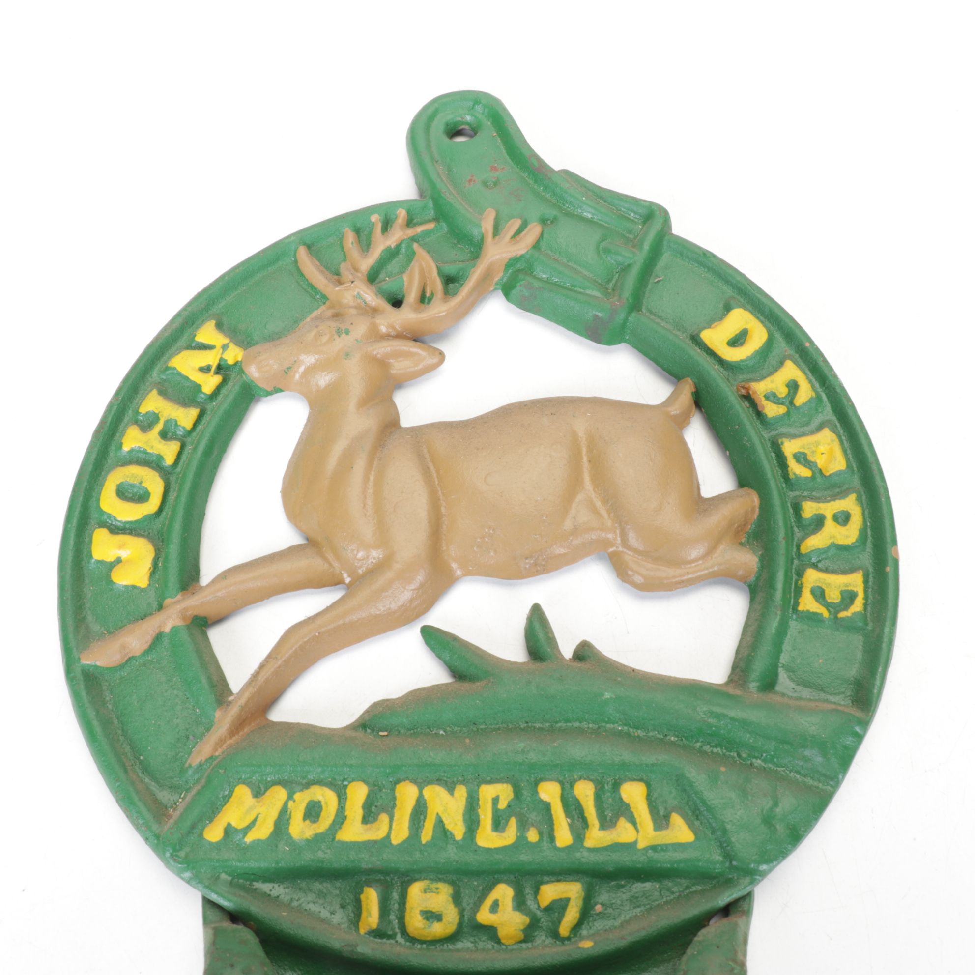 John Deere Cast Iron Wall-Mounted Letter Holder and Toy Tractor