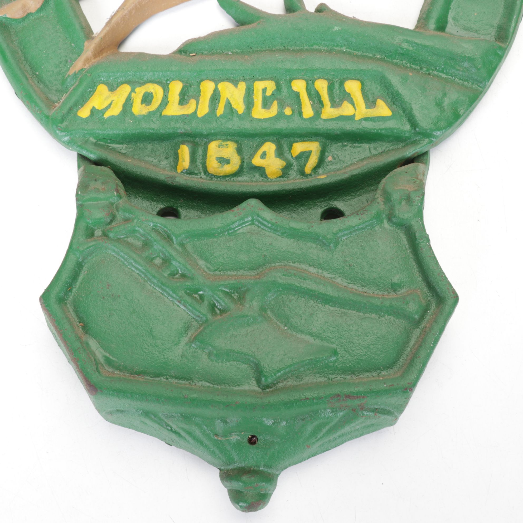 John Deere Cast Iron Wall-Mounted Letter Holder and Toy Tractor