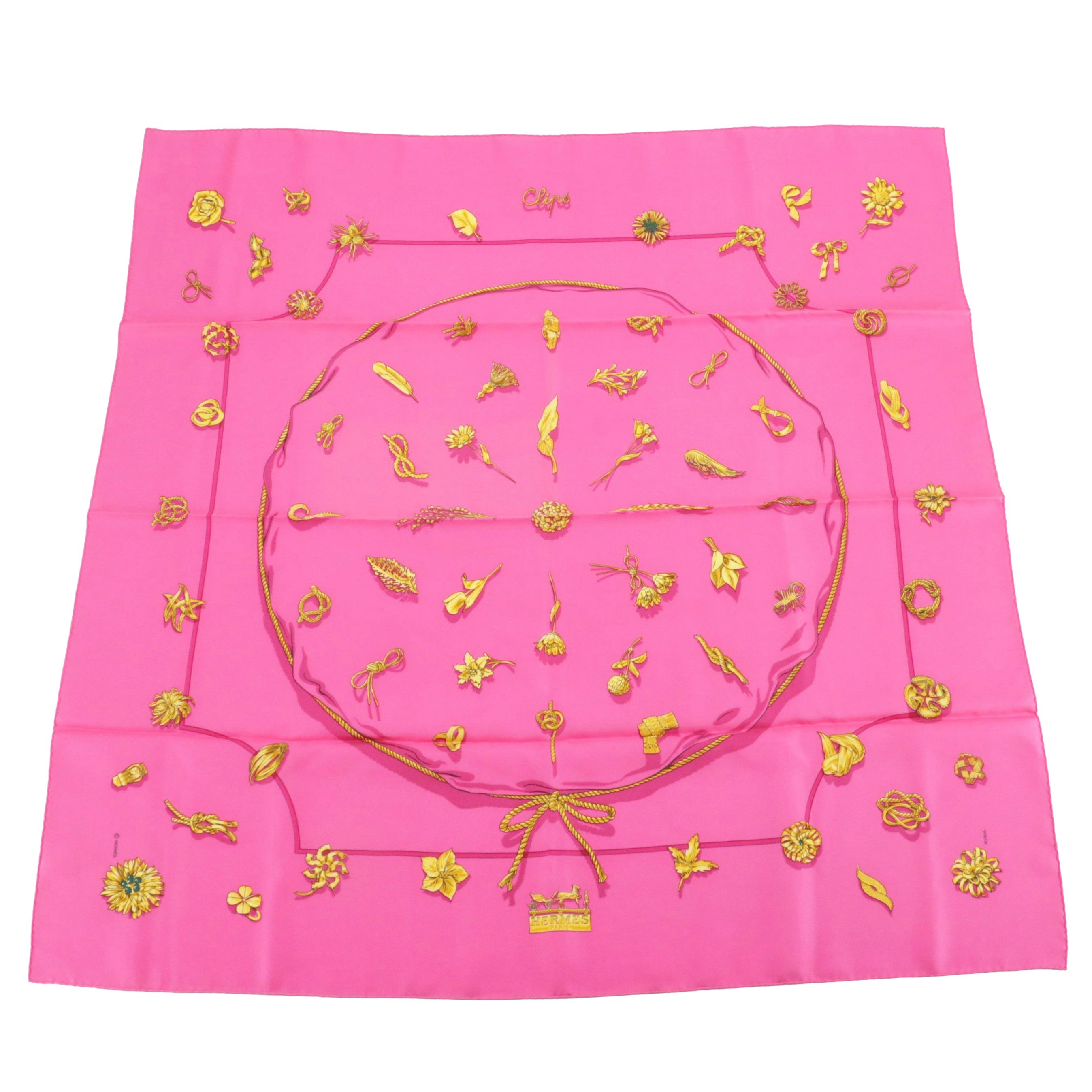 Hermès "Clips" Hot Pink Silk Twill Scarf 90