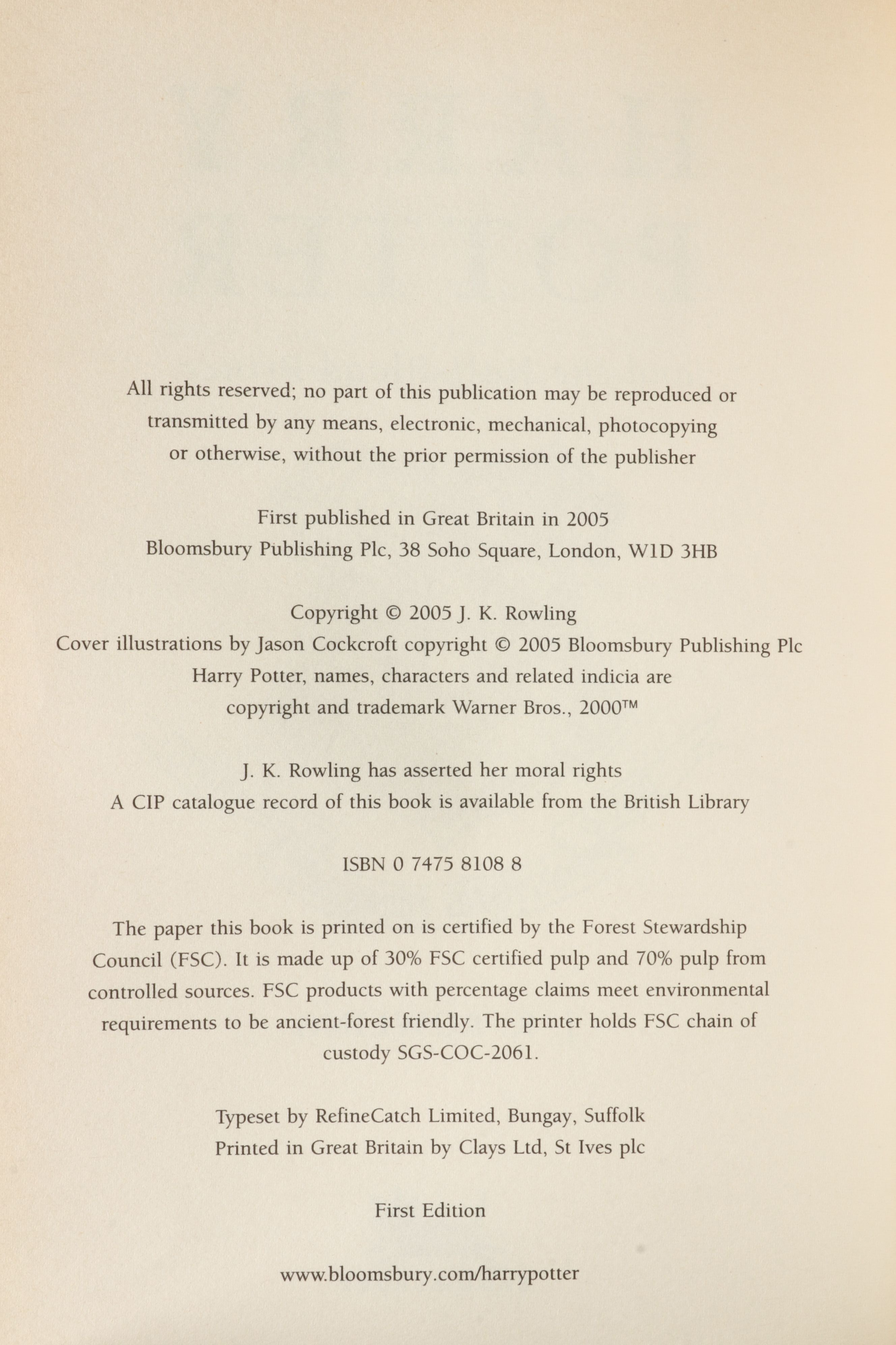 First UK Edition "Harry Potter and the Half-Blood Prince" by J. K. Rowling, 2005