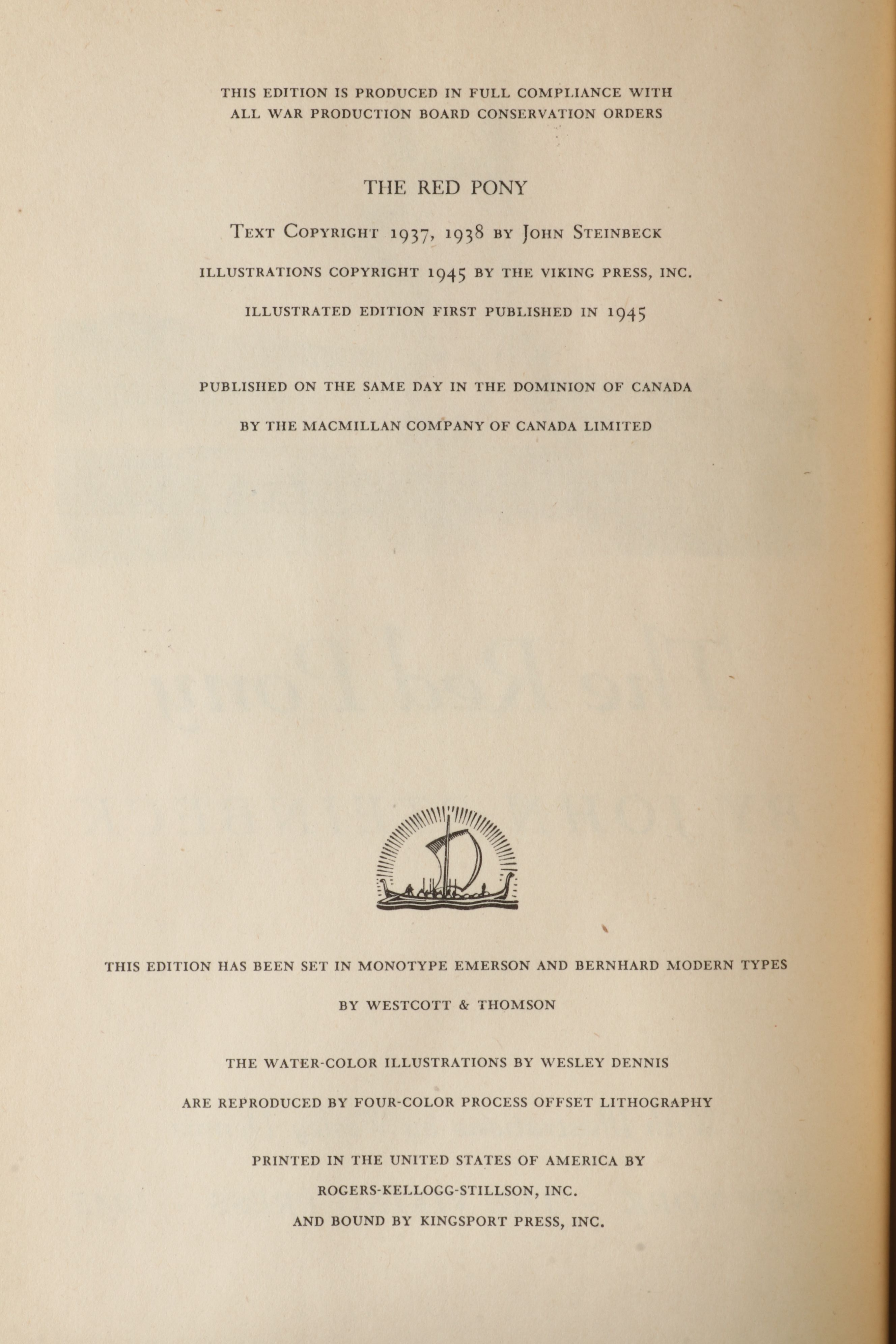 First Illustrated Edition "The Red Pony" by John Steinbeck, 1945