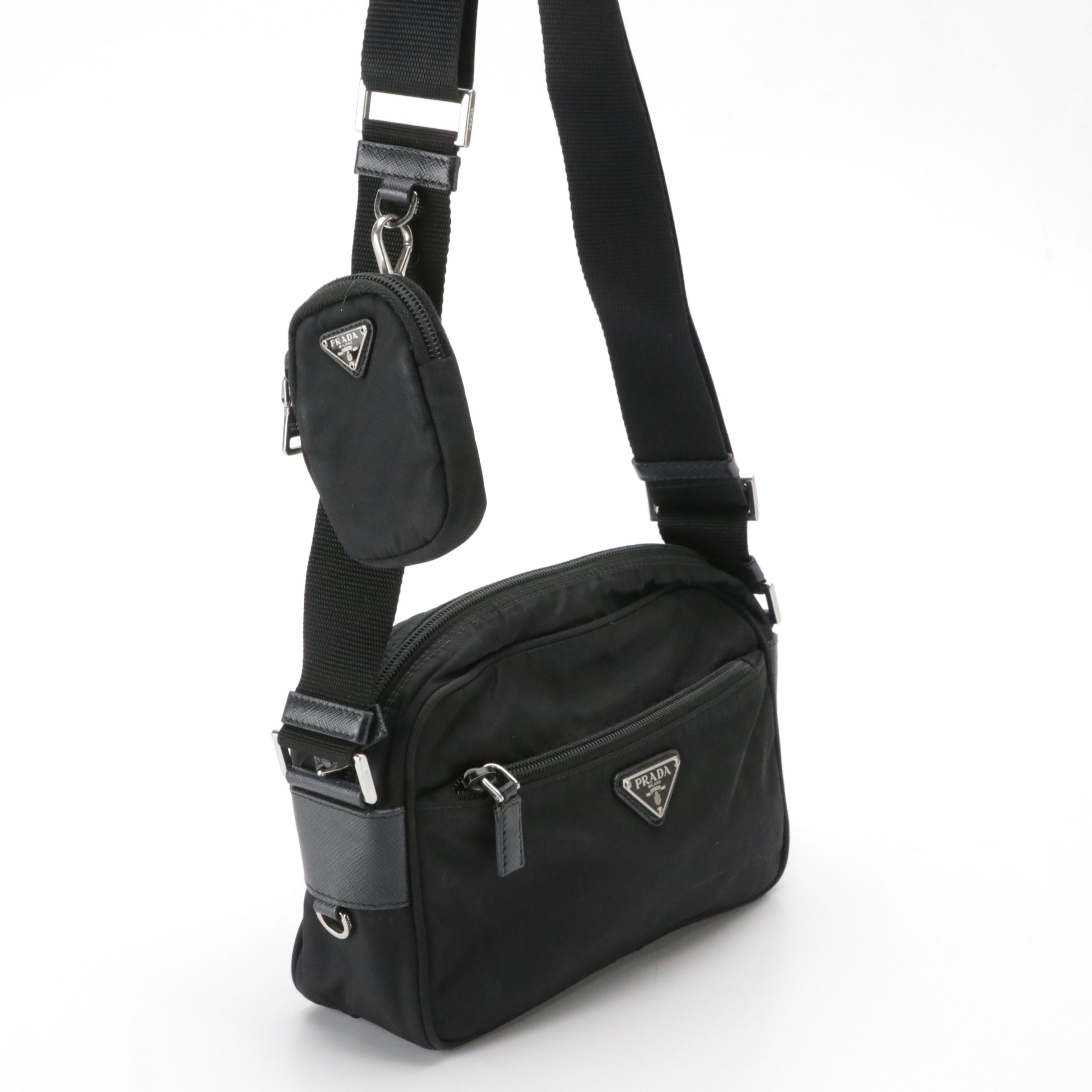 Prada Shoulder Bag and Detachable Zip Pouch Black Re-Nylon and Saffiano Leather