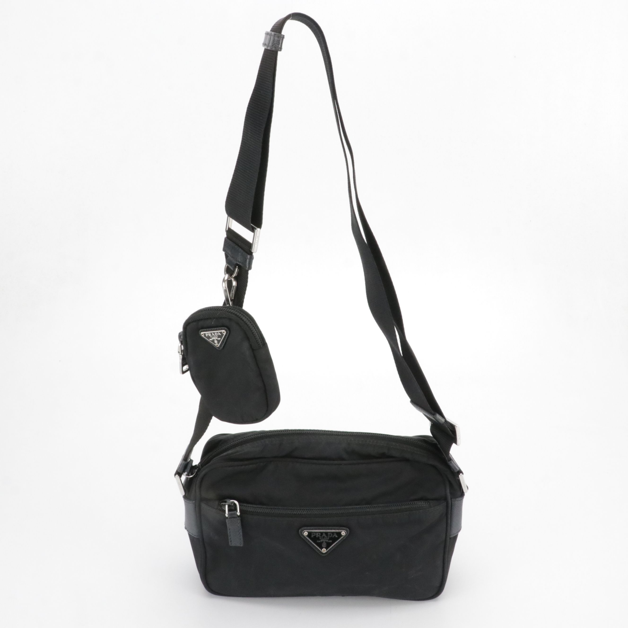 Prada Shoulder Bag and Detachable Zip Pouch Black Re-Nylon and Saffiano Leather