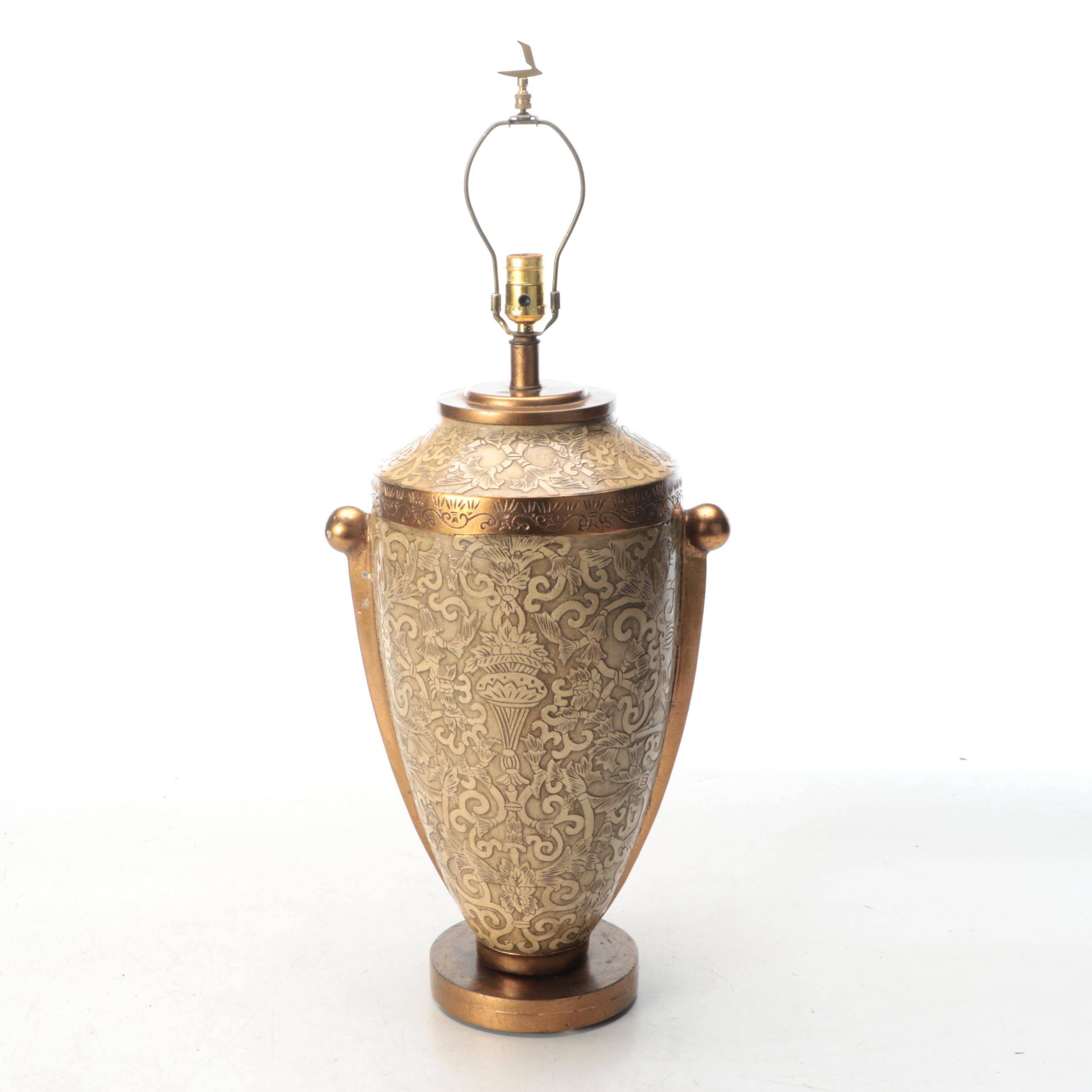 Leeazanne Brass Finish Bas Relief Composite Urn Lamp