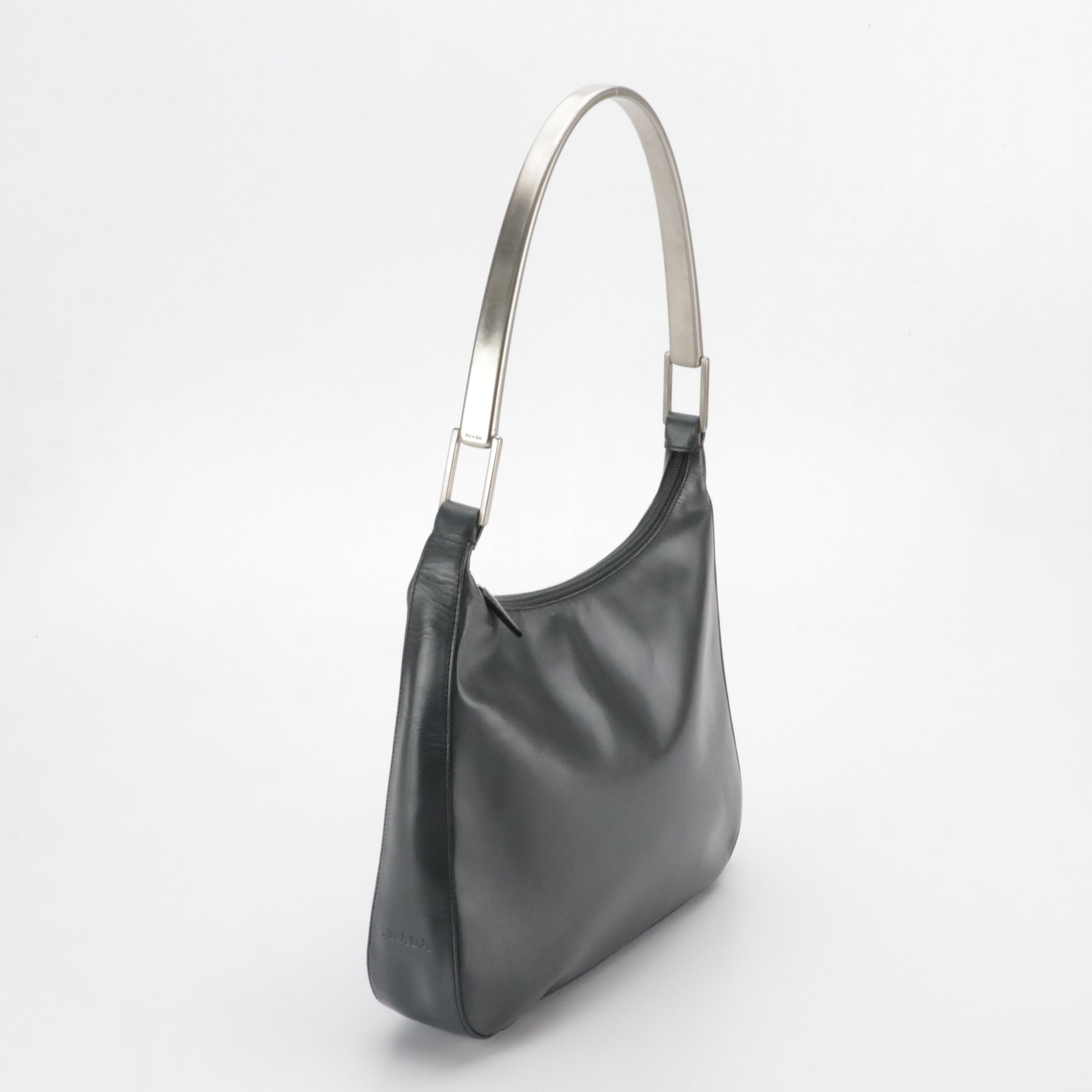 Prada Metal Strap Hobo Shoulder Bag in Metallic Dark Gray Patent Leather