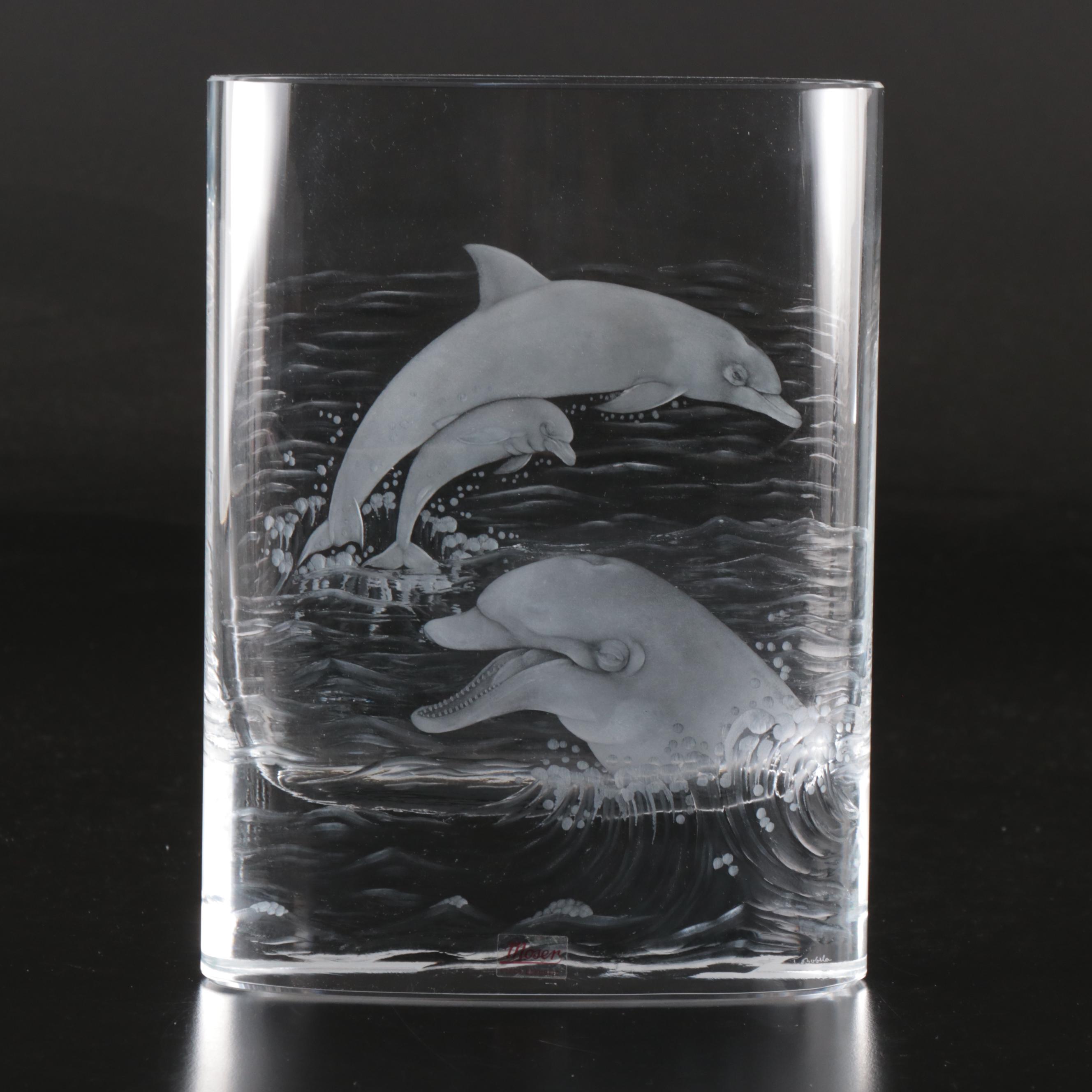 Moser Dolphin Motif Handmade Etched Blown Glass Vase