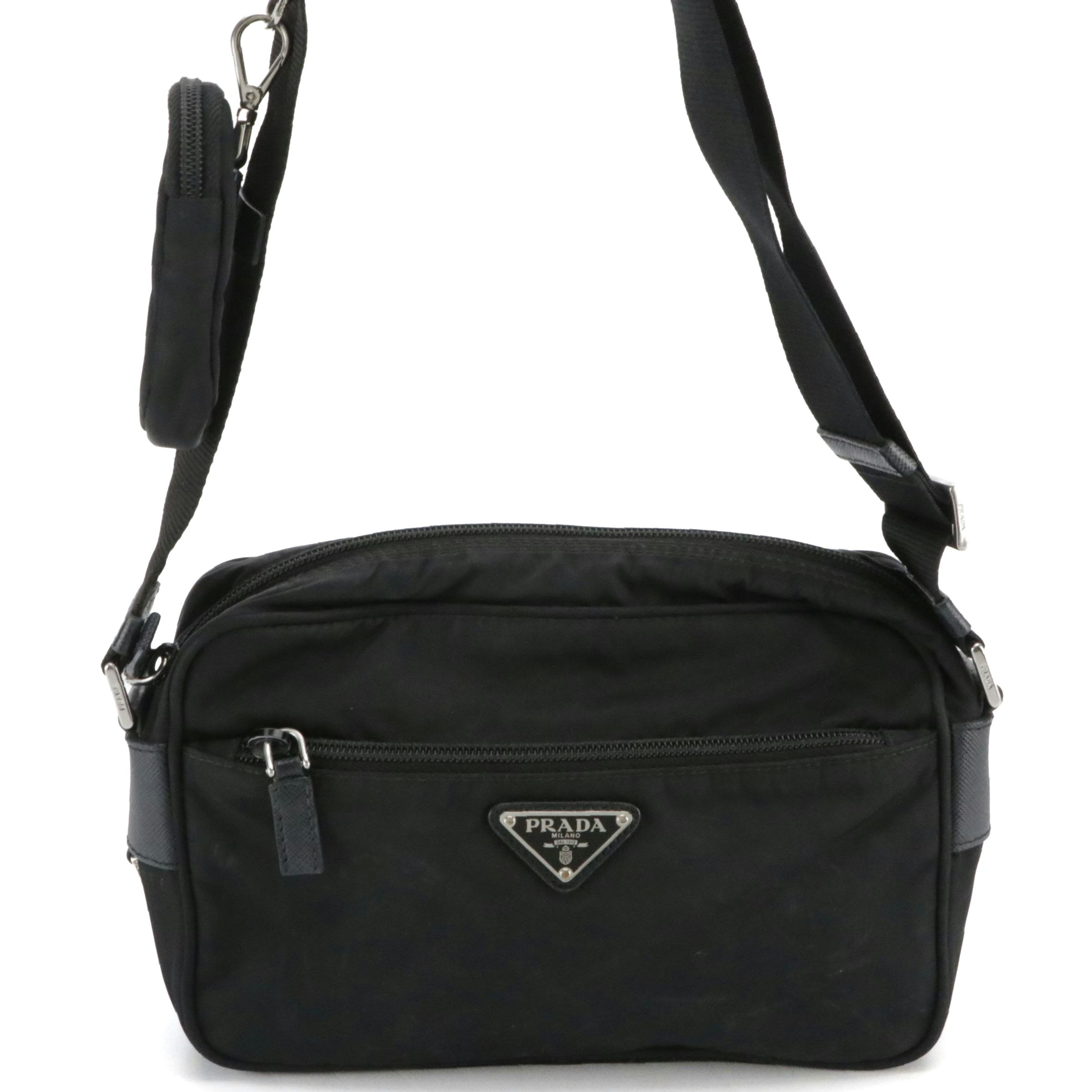 Prada Shoulder Bag and Detachable Zip Pouch Black Re-Nylon and Saffiano Leather