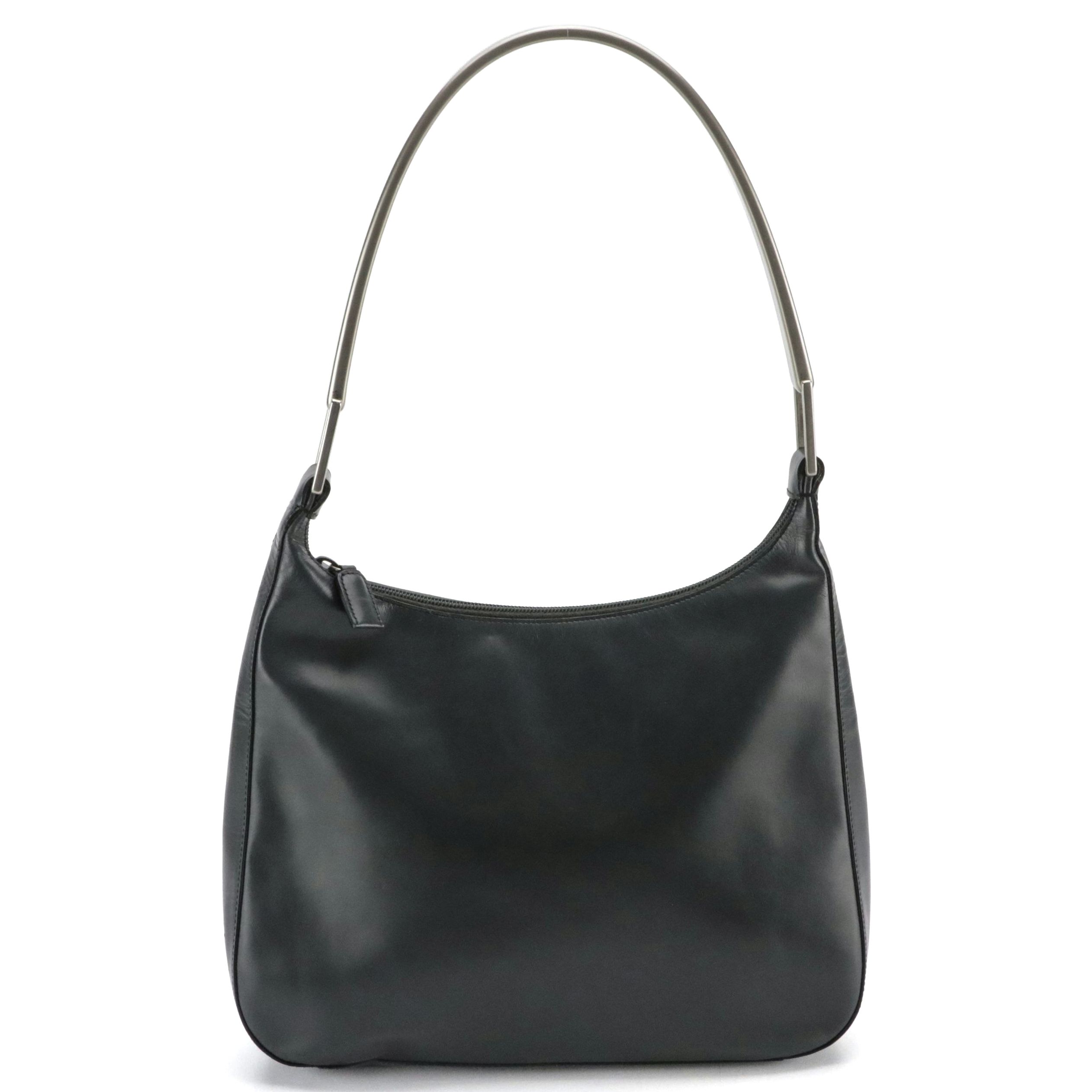 Prada Metal Strap Hobo Shoulder Bag in Metallic Dark Gray Patent Leather