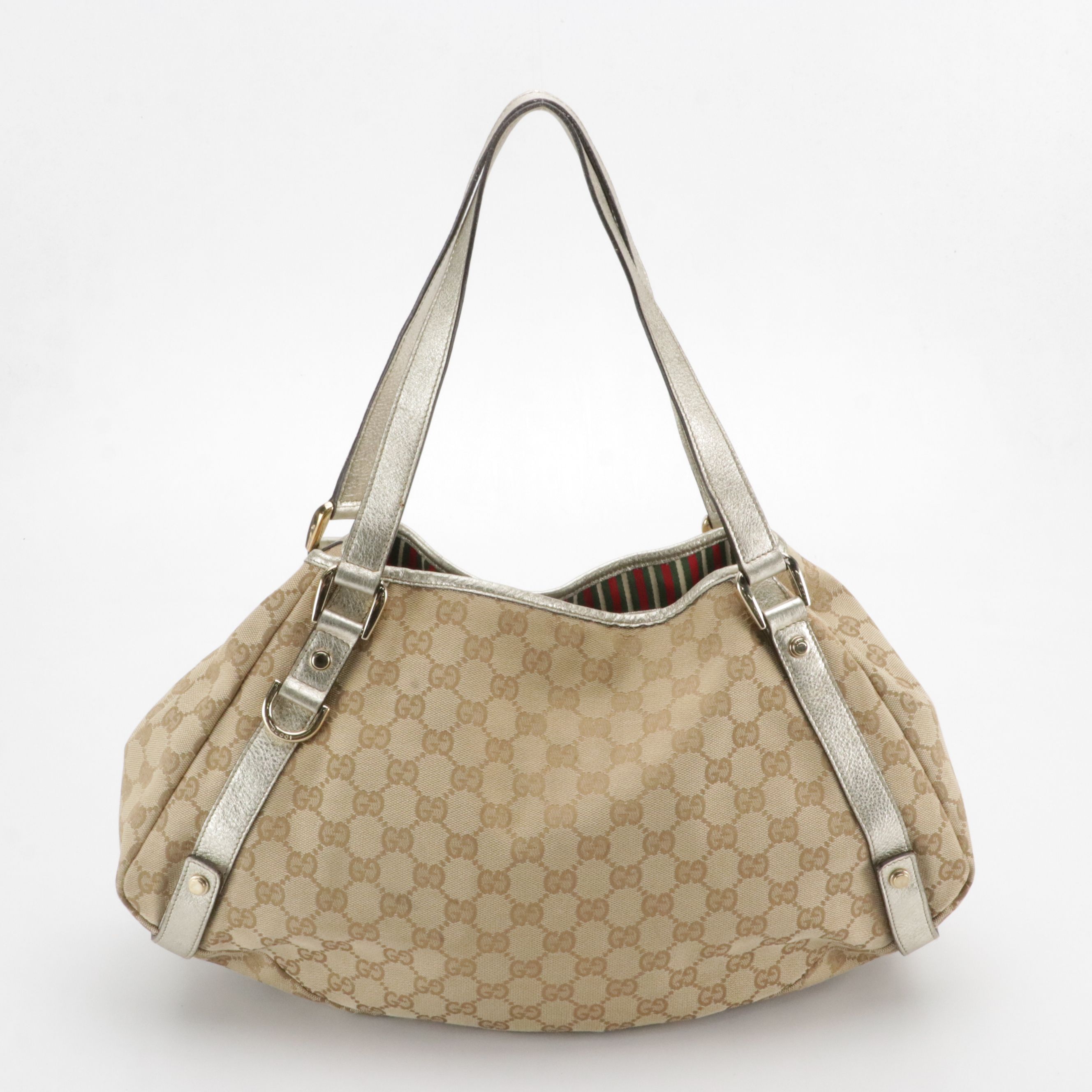 Gucci D-Ring Tote in Brown GG Canvas and Silver Leather Trim