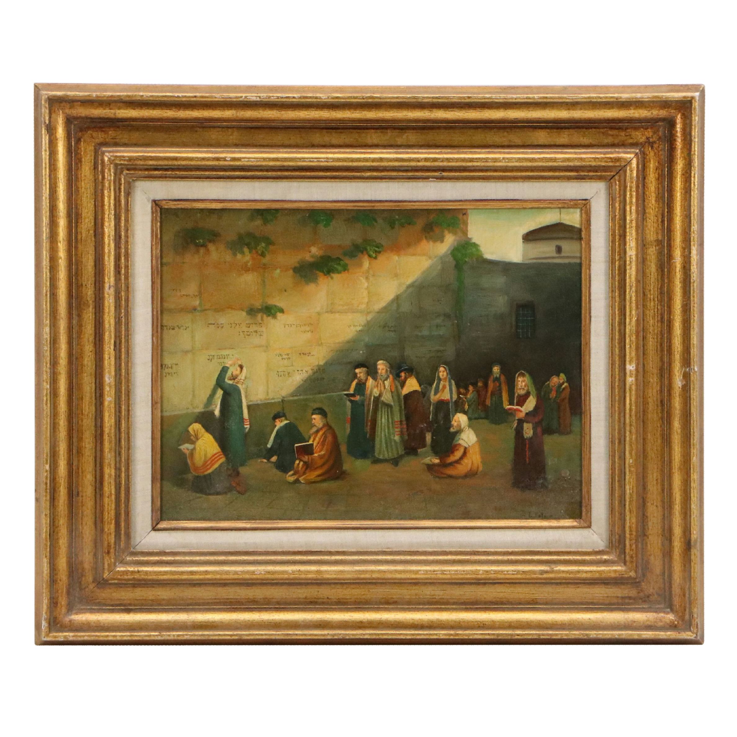 Oil Painting of Figures Praying at the Western Wall