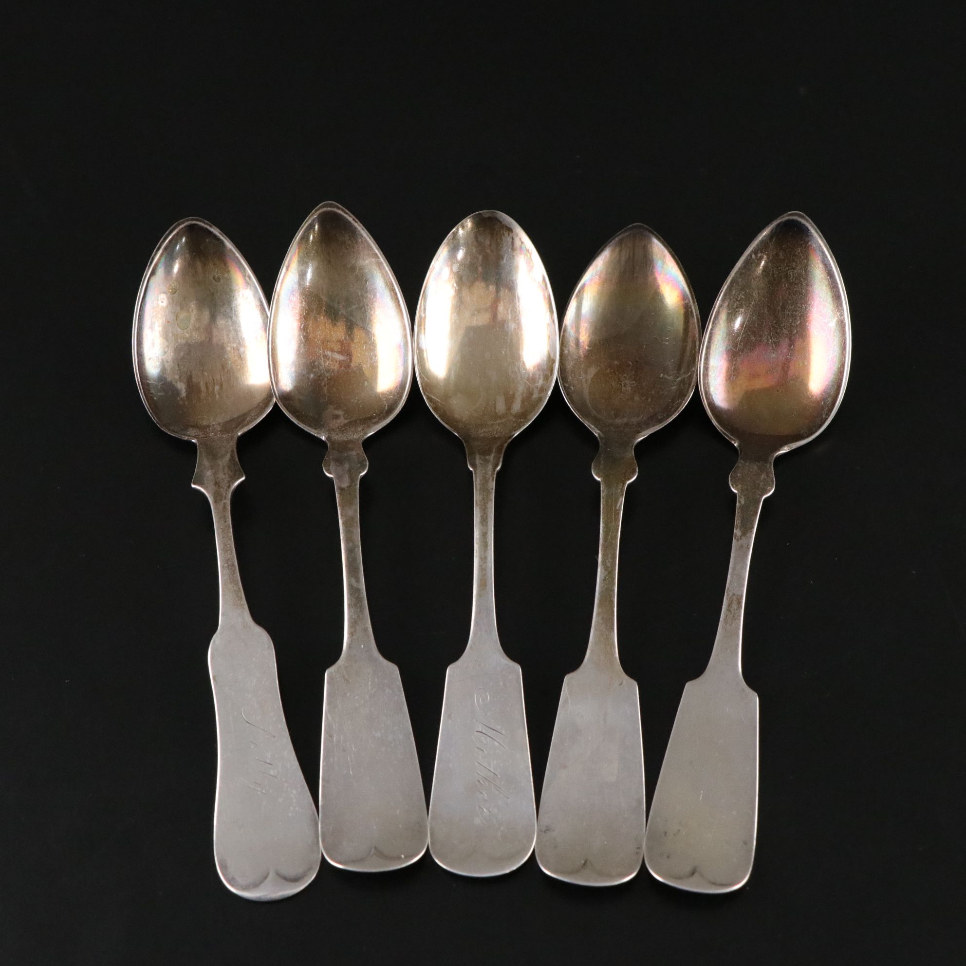 American Coin Silver Fiddle Handled Spoons, Early to Mid-19th C.