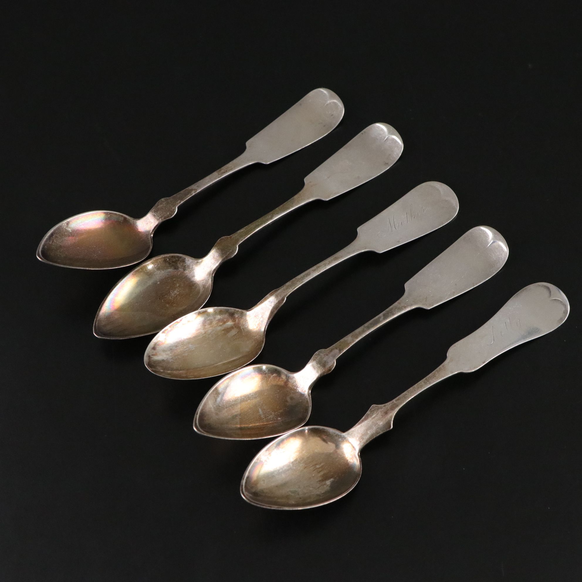 American Coin Silver Fiddle Handled Spoons, Early to Mid-19th C.