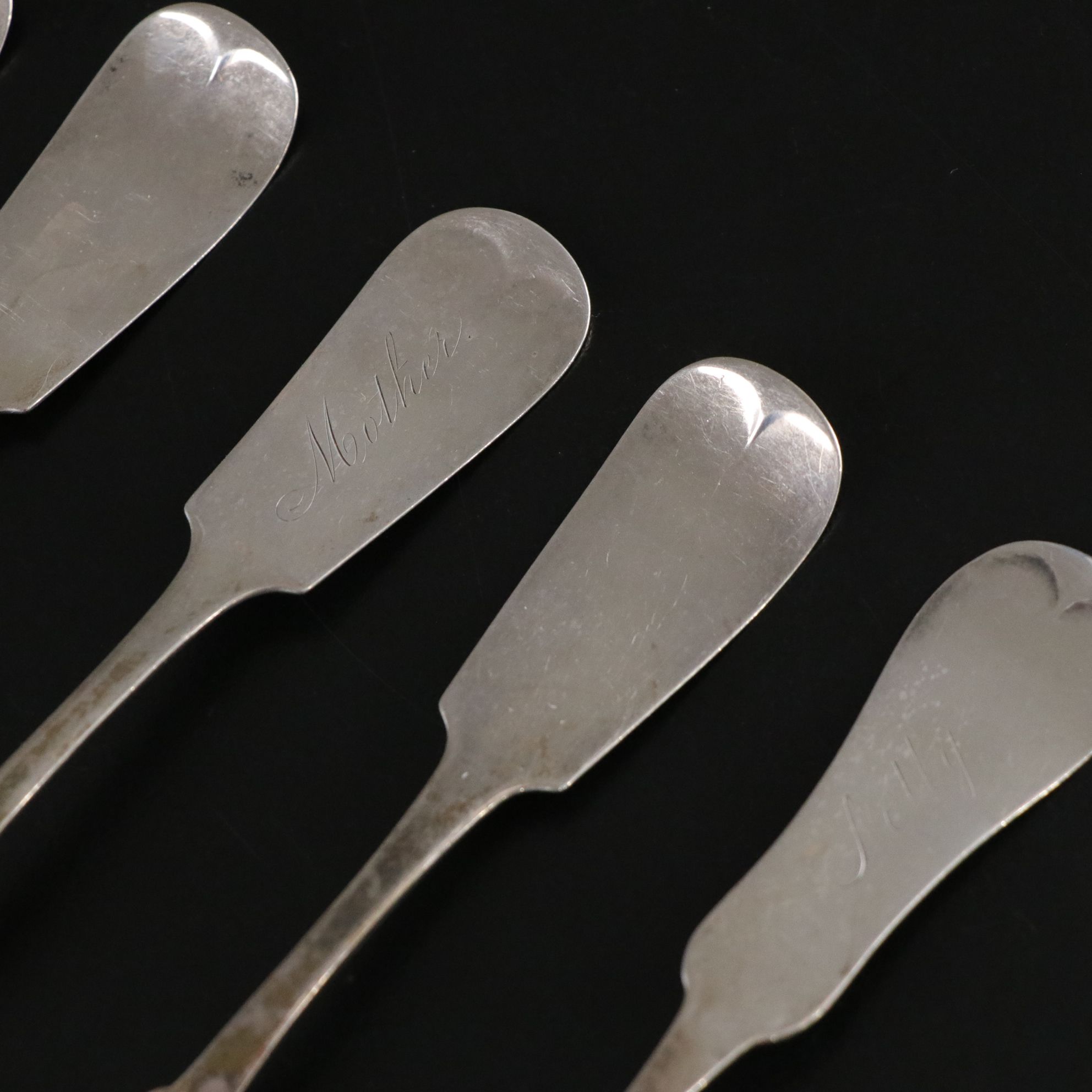 American Coin Silver Fiddle Handled Spoons, Early to Mid-19th C.