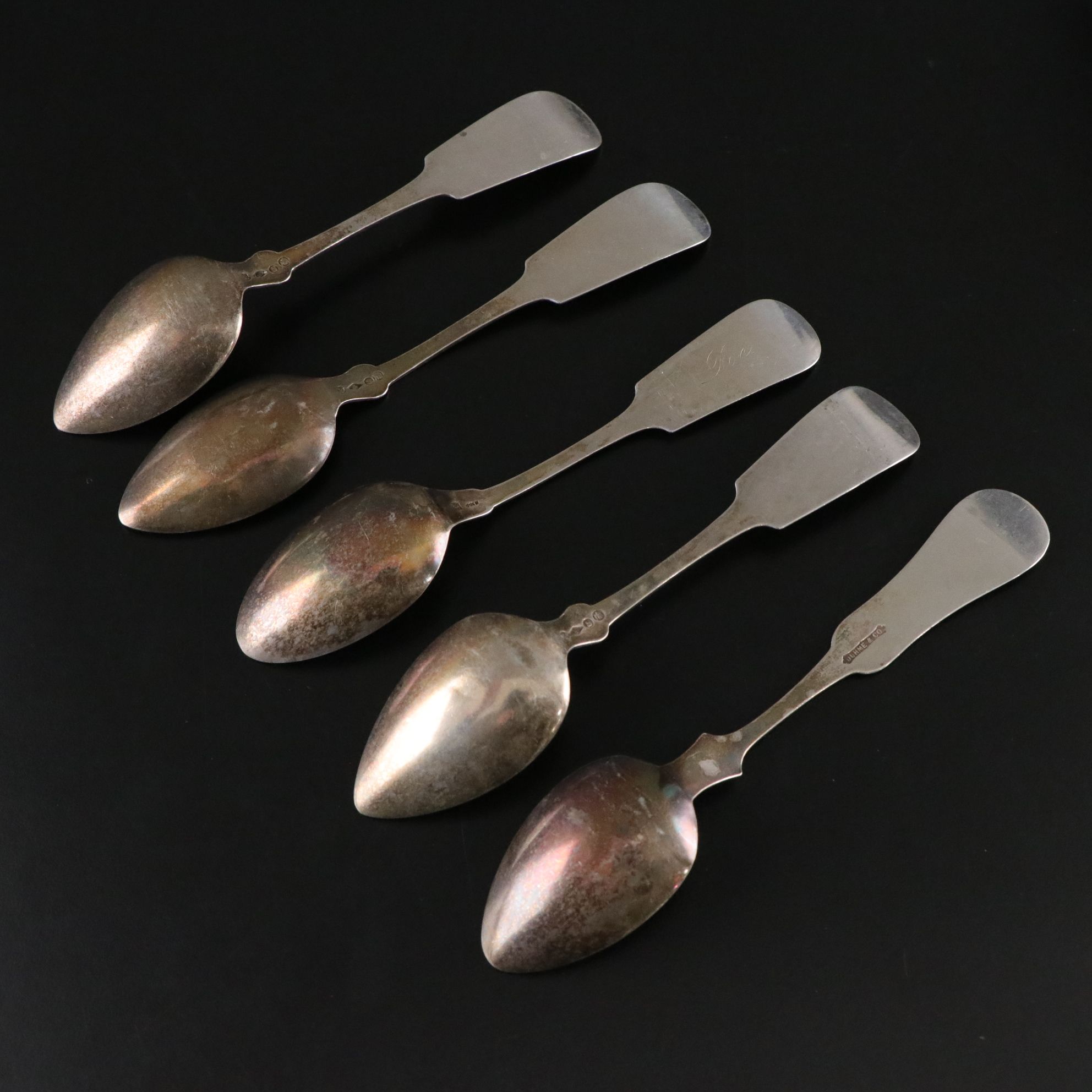 American Coin Silver Fiddle Handled Spoons, Early to Mid-19th C.