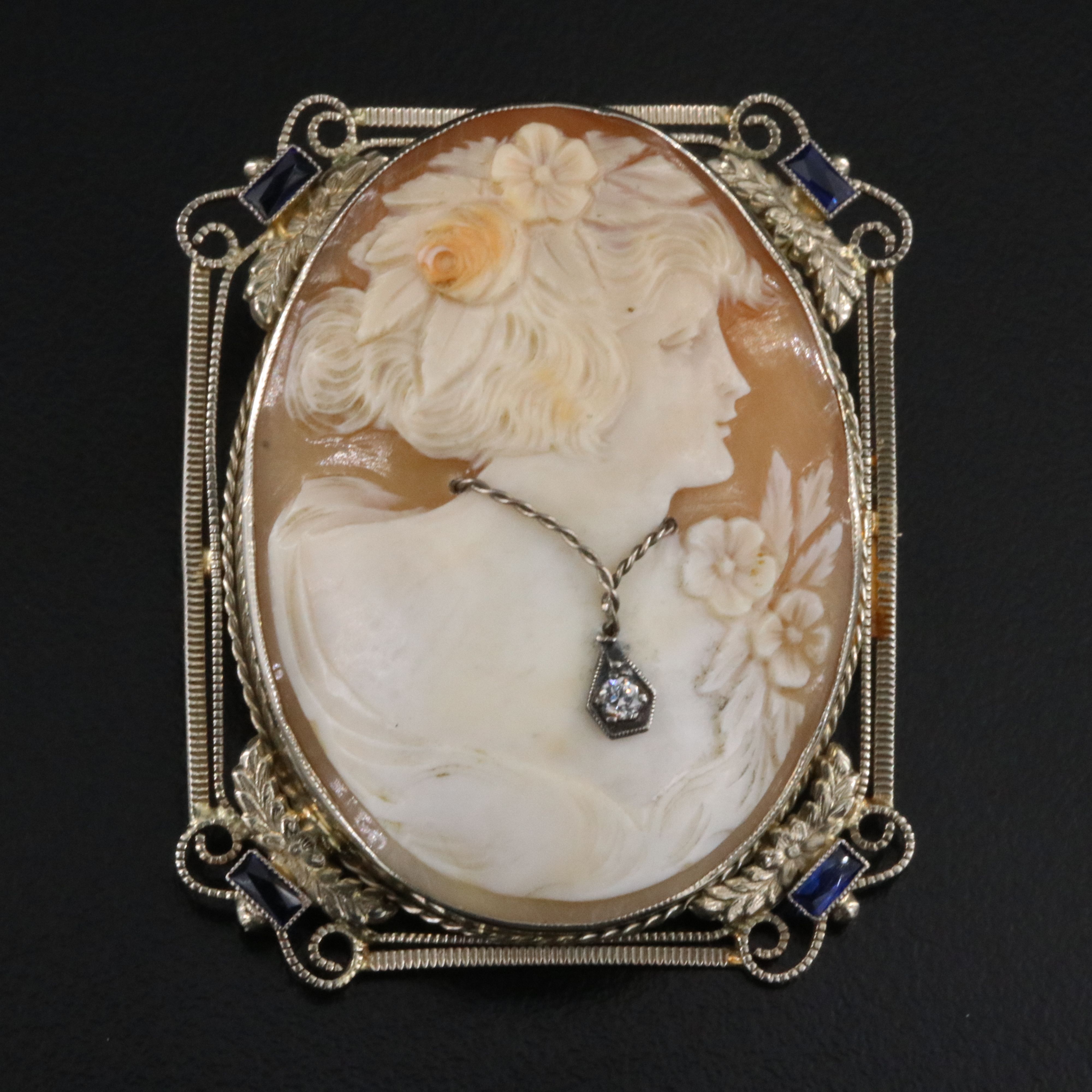 14K Shell, Diamond and Sapphire Cameo Habillé Converter Brooch