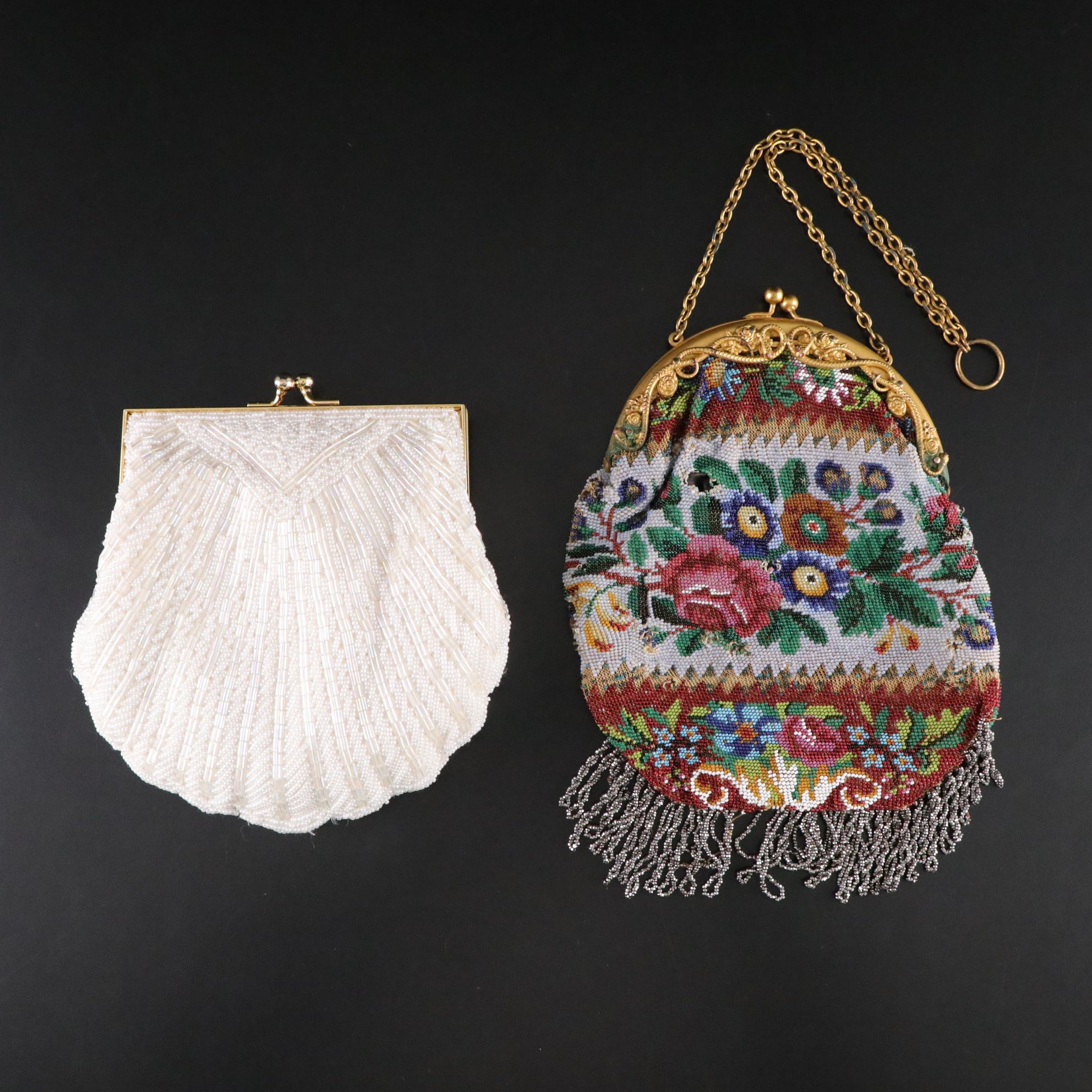 Lyrella Beaded White Shell Motif and Georgian Micro Beaded Floral Fringe Bags