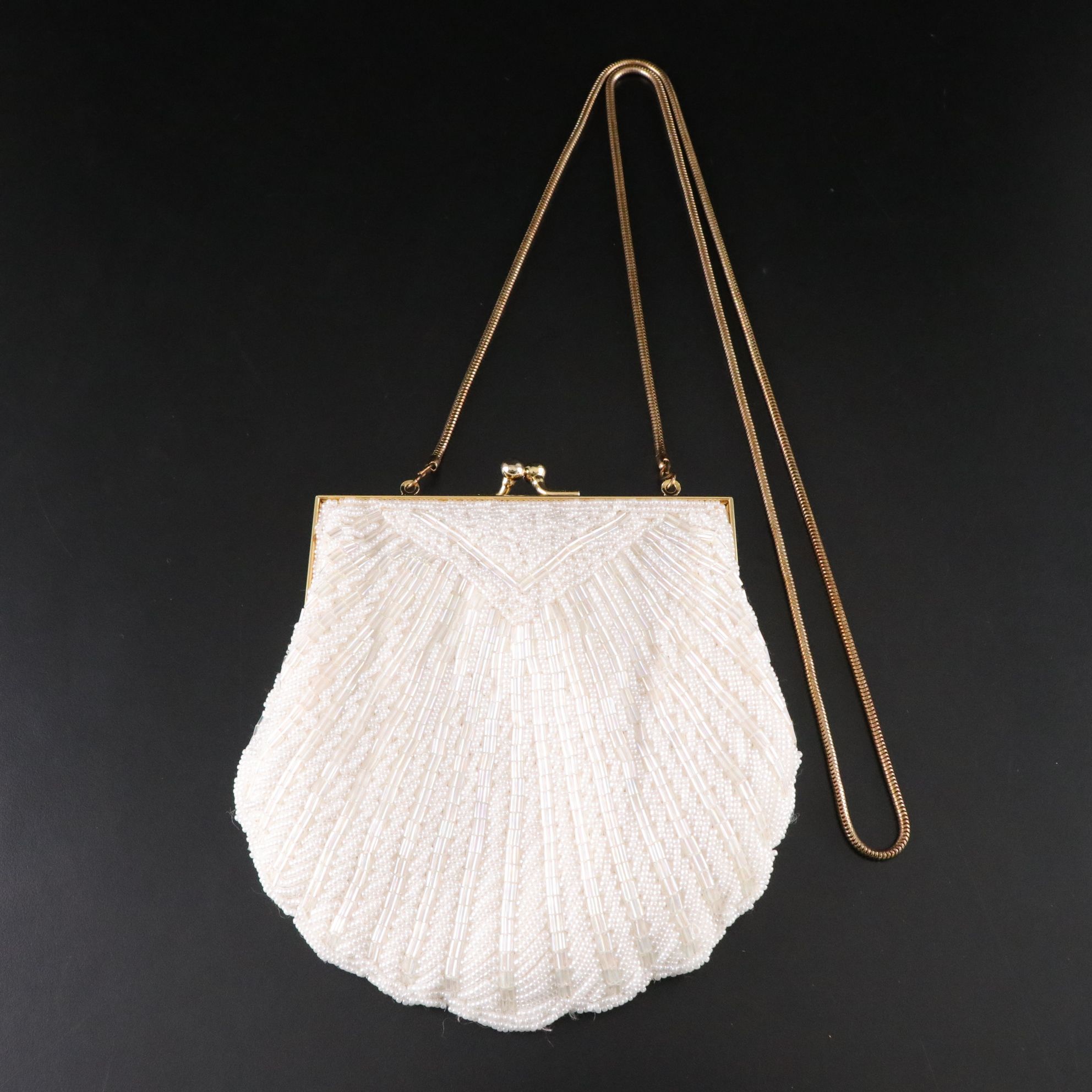 Lyrella Beaded White Shell Motif and Georgian Micro Beaded Floral Fringe Bags