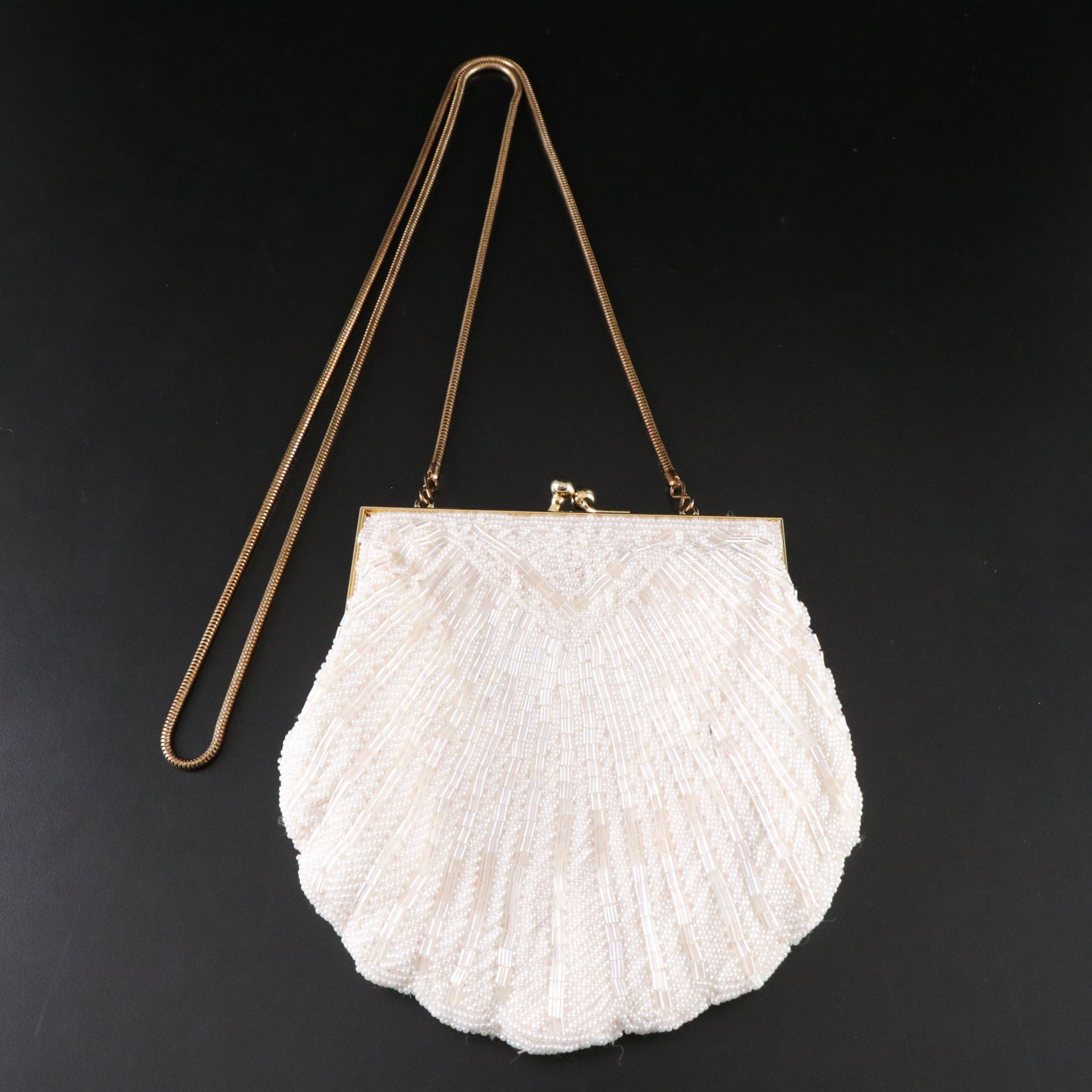Lyrella Beaded White Shell Motif and Georgian Micro Beaded Floral Fringe Bags