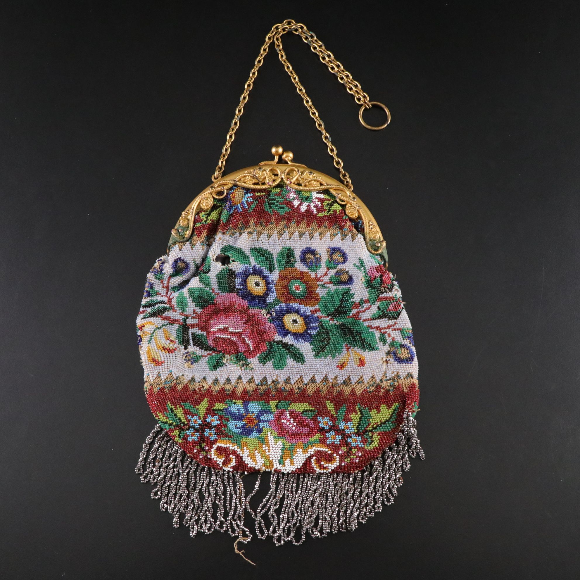 Lyrella Beaded White Shell Motif and Georgian Micro Beaded Floral Fringe Bags