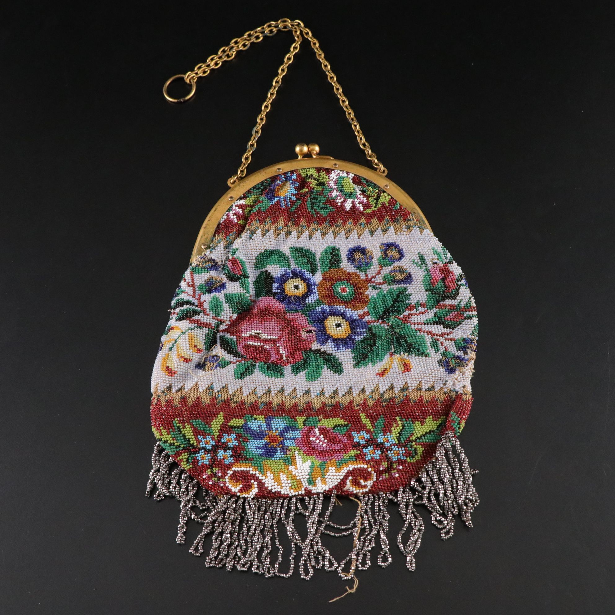 Lyrella Beaded White Shell Motif and Georgian Micro Beaded Floral Fringe Bags