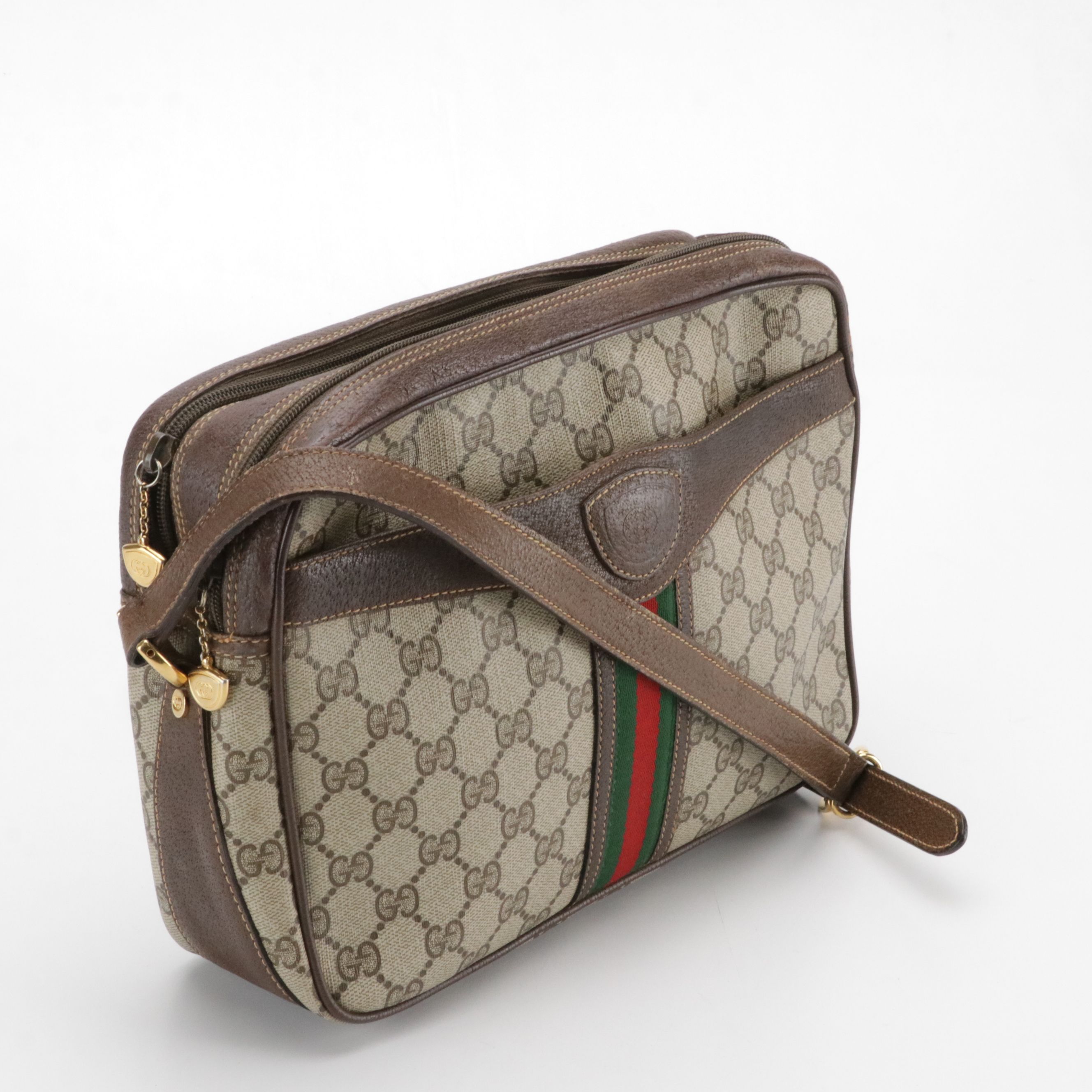 Gucci Web Stripe Double Zip Shoulder Bag in GG Supreme Canvas and Leather