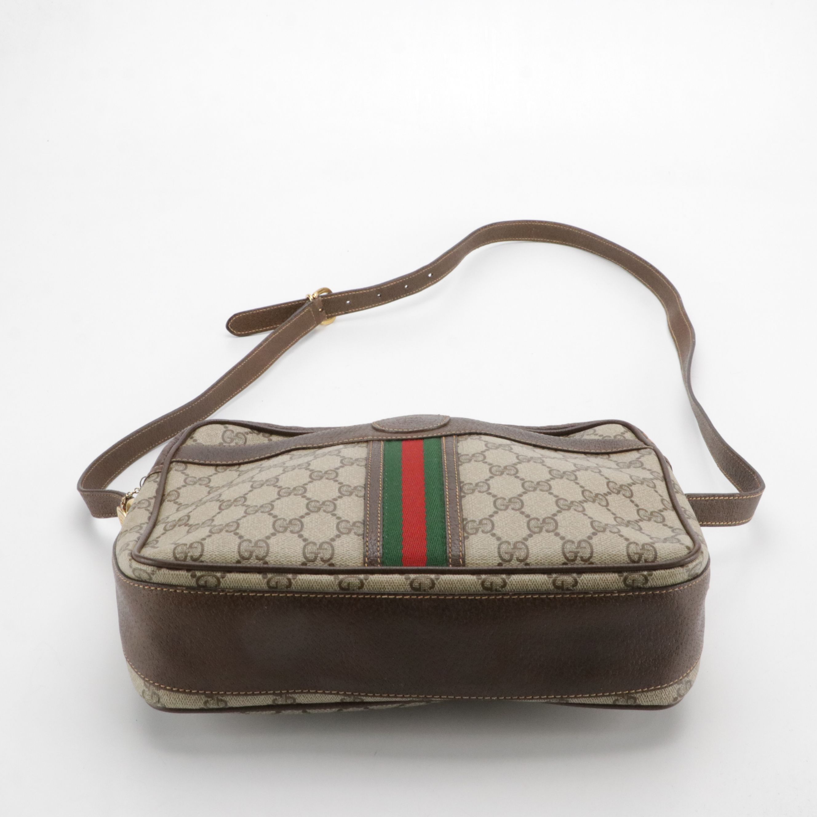 Gucci Web Stripe Double Zip Shoulder Bag in GG Supreme Canvas and Leather
