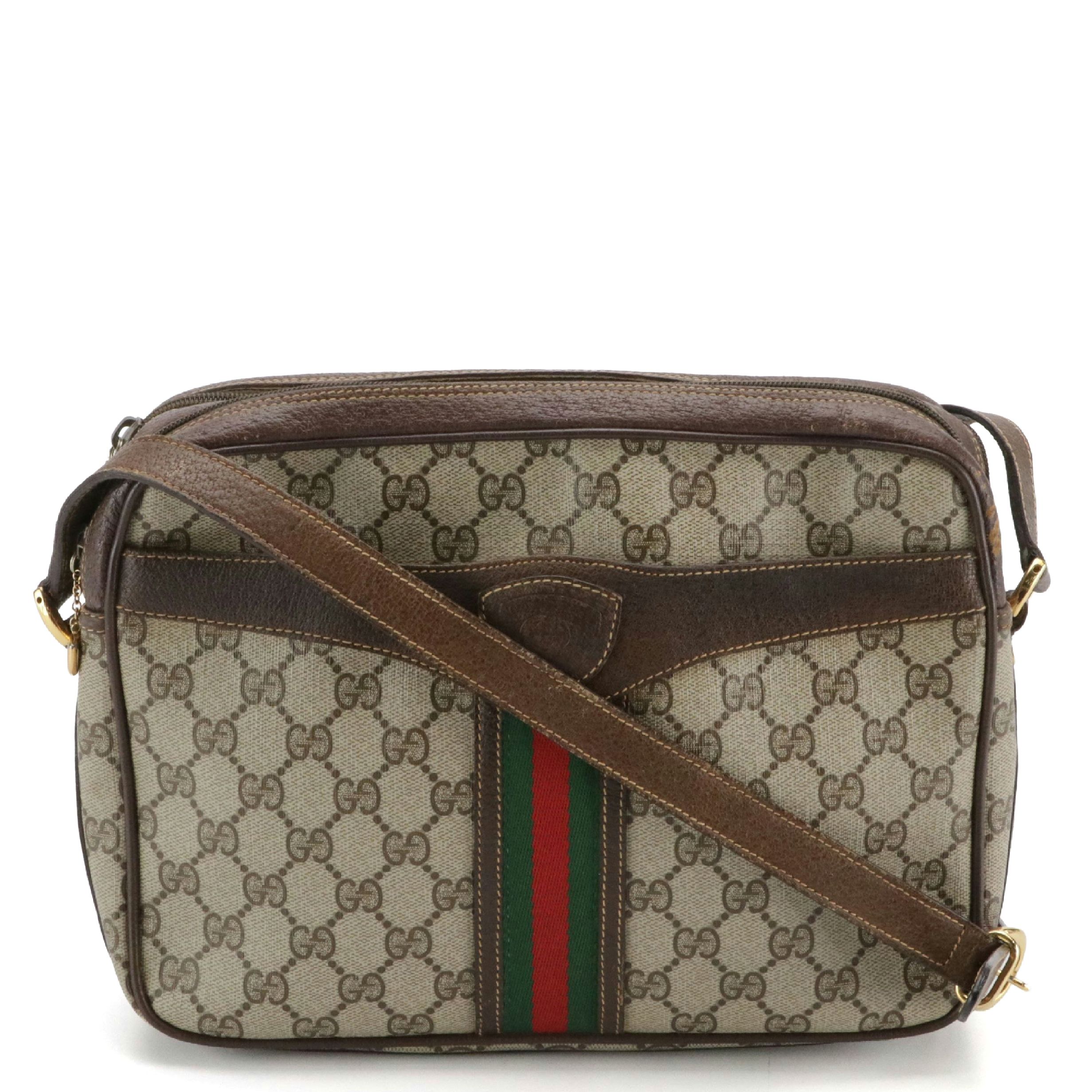 Gucci Web Stripe Double Zip Shoulder Bag in GG Supreme Canvas and Leather