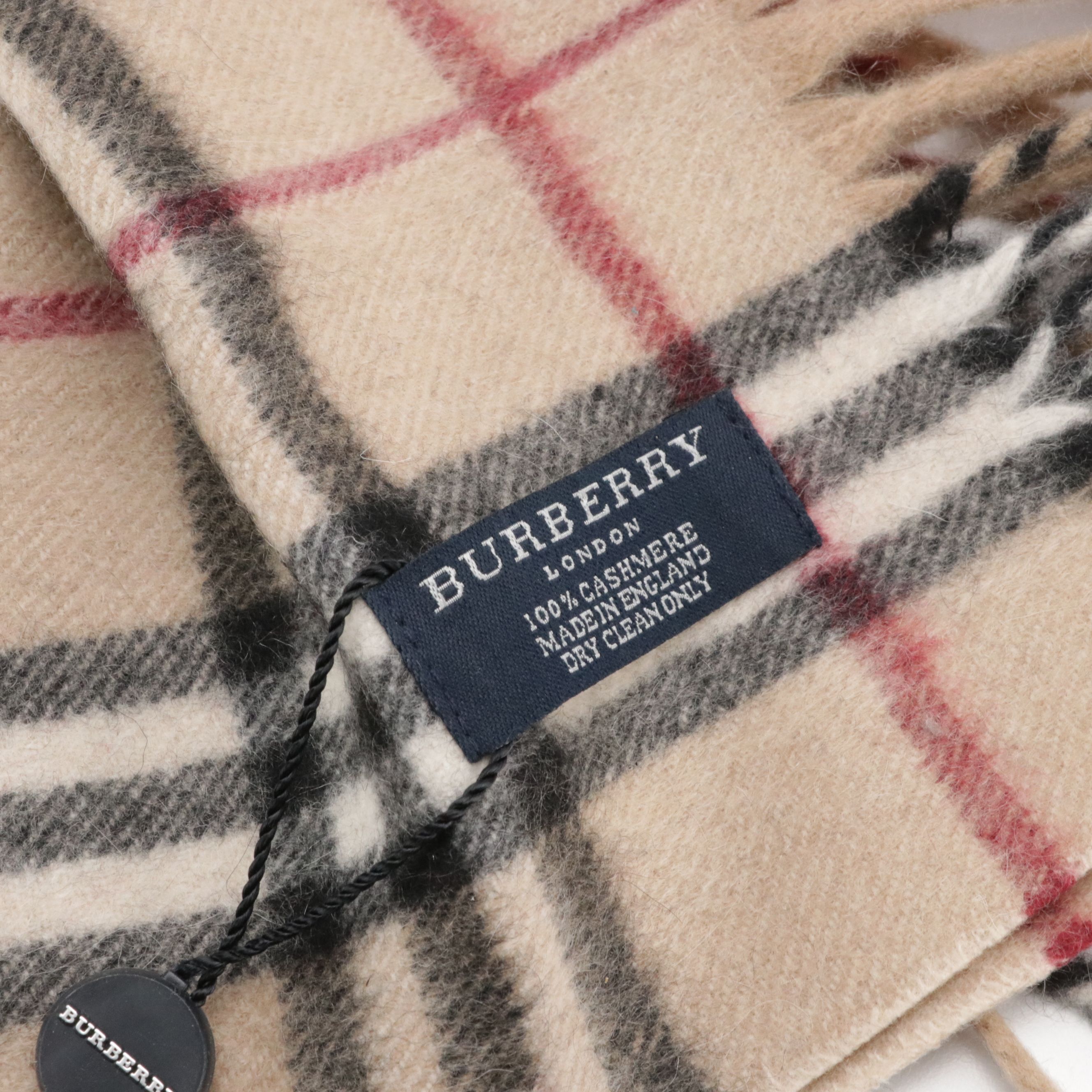 Burberry London Double-Fringe Happy Scarf in House Check Cashmere, With Tags