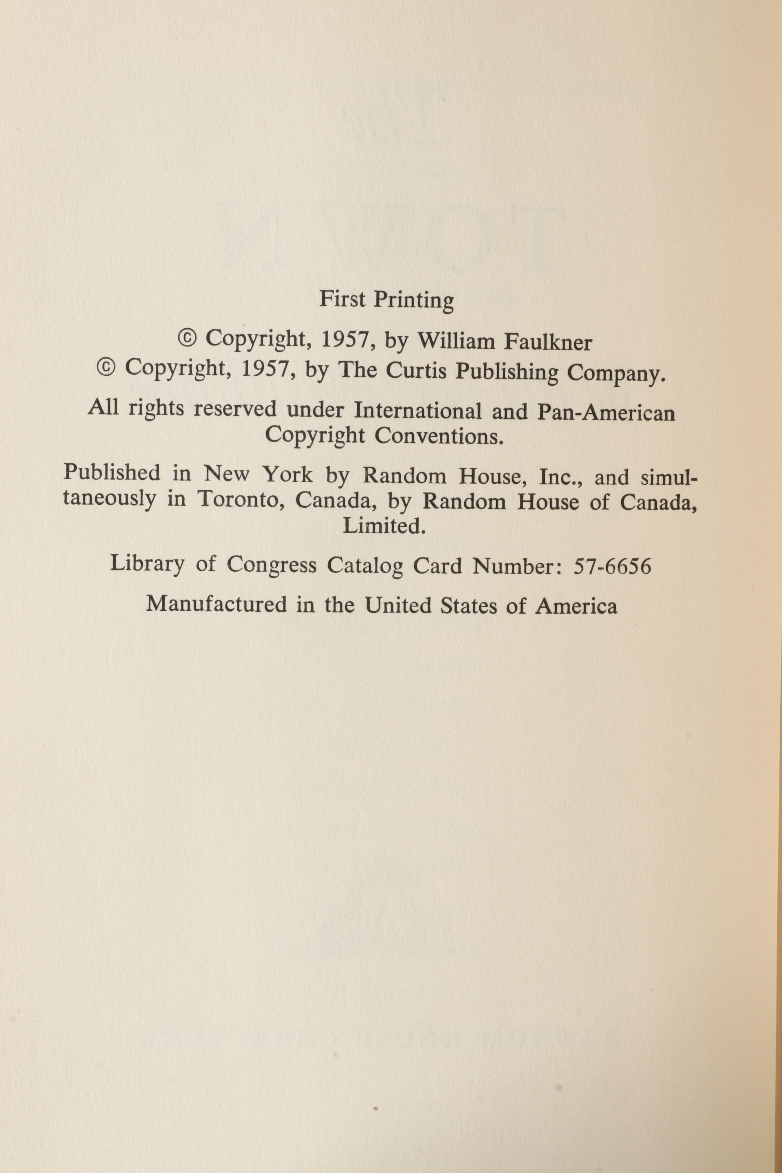 First Printing "The Town" by William Faulkner, 1957