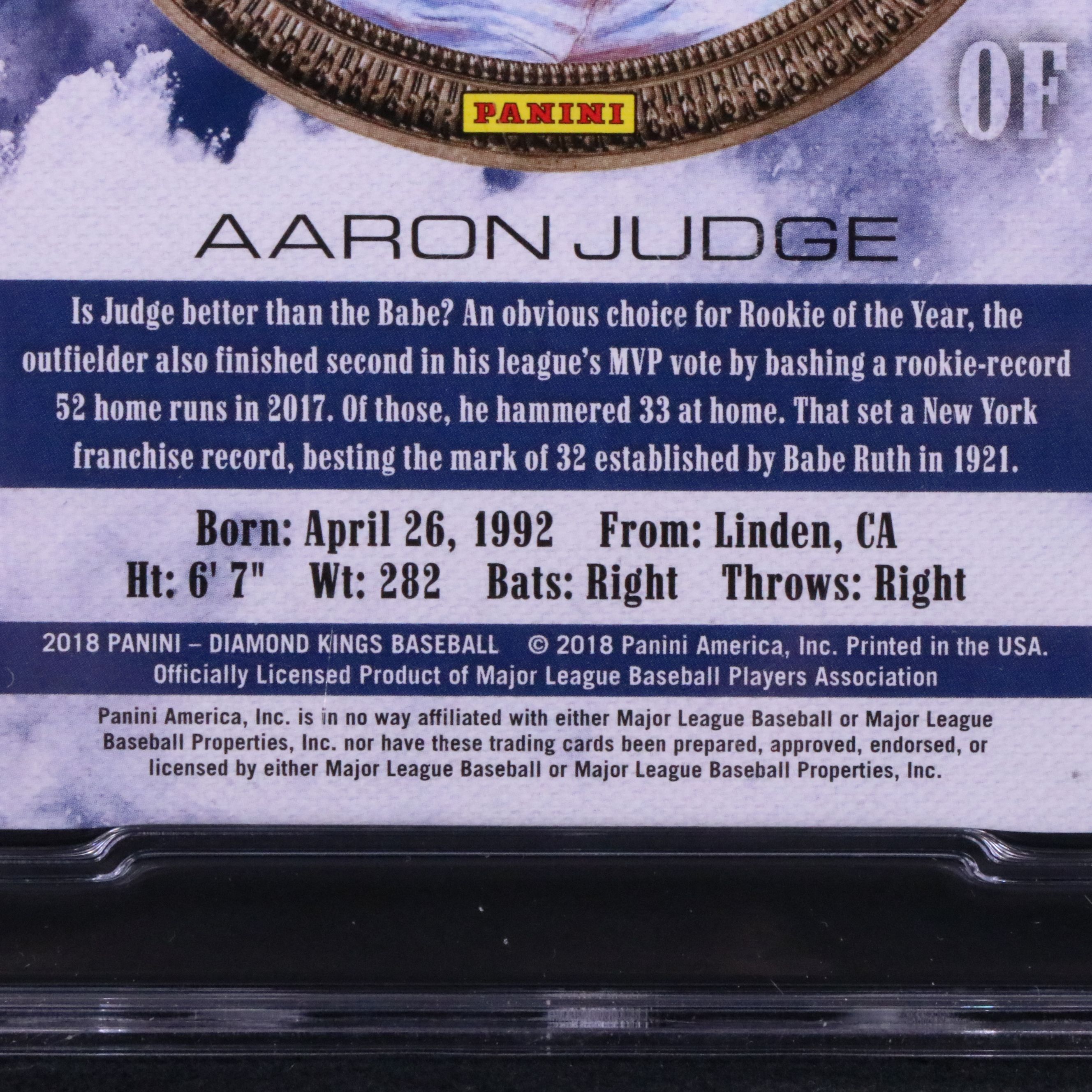2018 Diamond Kings Aaron Judge Red Frame Baseball Card Graded SGC 10