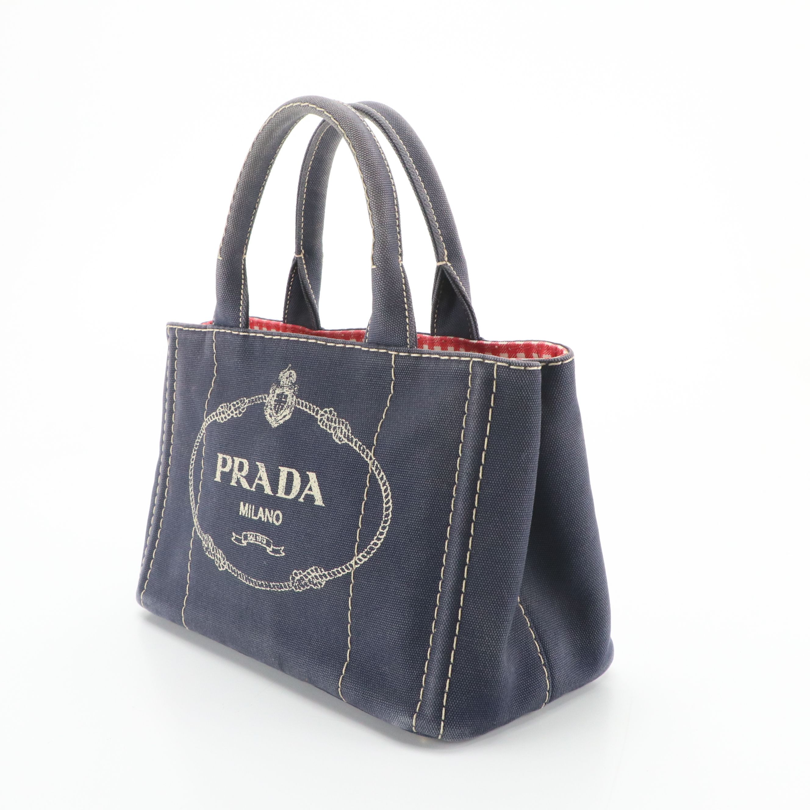 Prada Small Navy Canapa Canvas Two-Way Tote with Picnic Gingham Lining