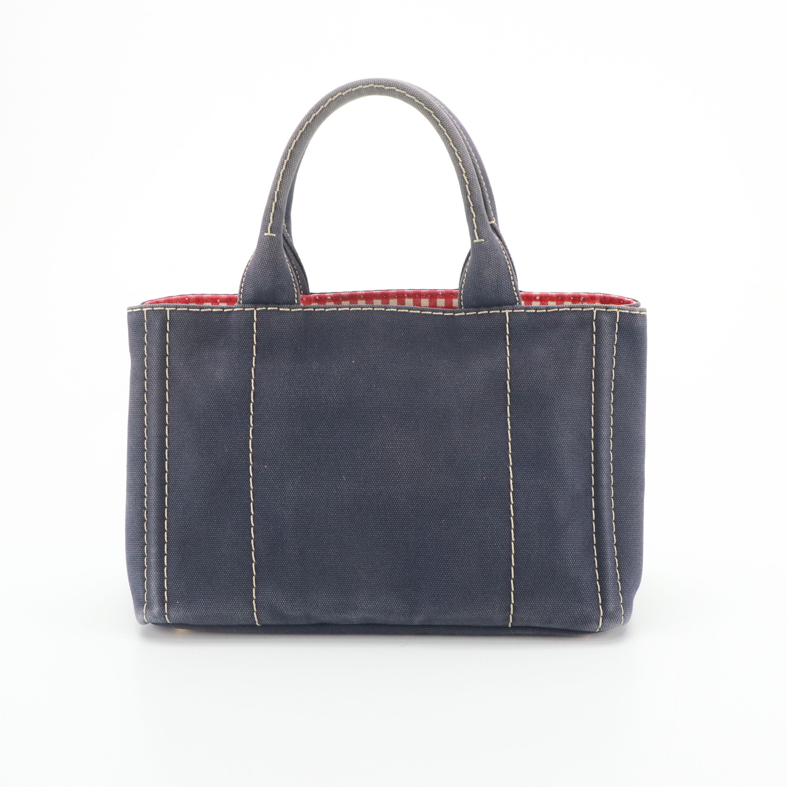 Prada Small Navy Canapa Canvas Two-Way Tote with Picnic Gingham Lining