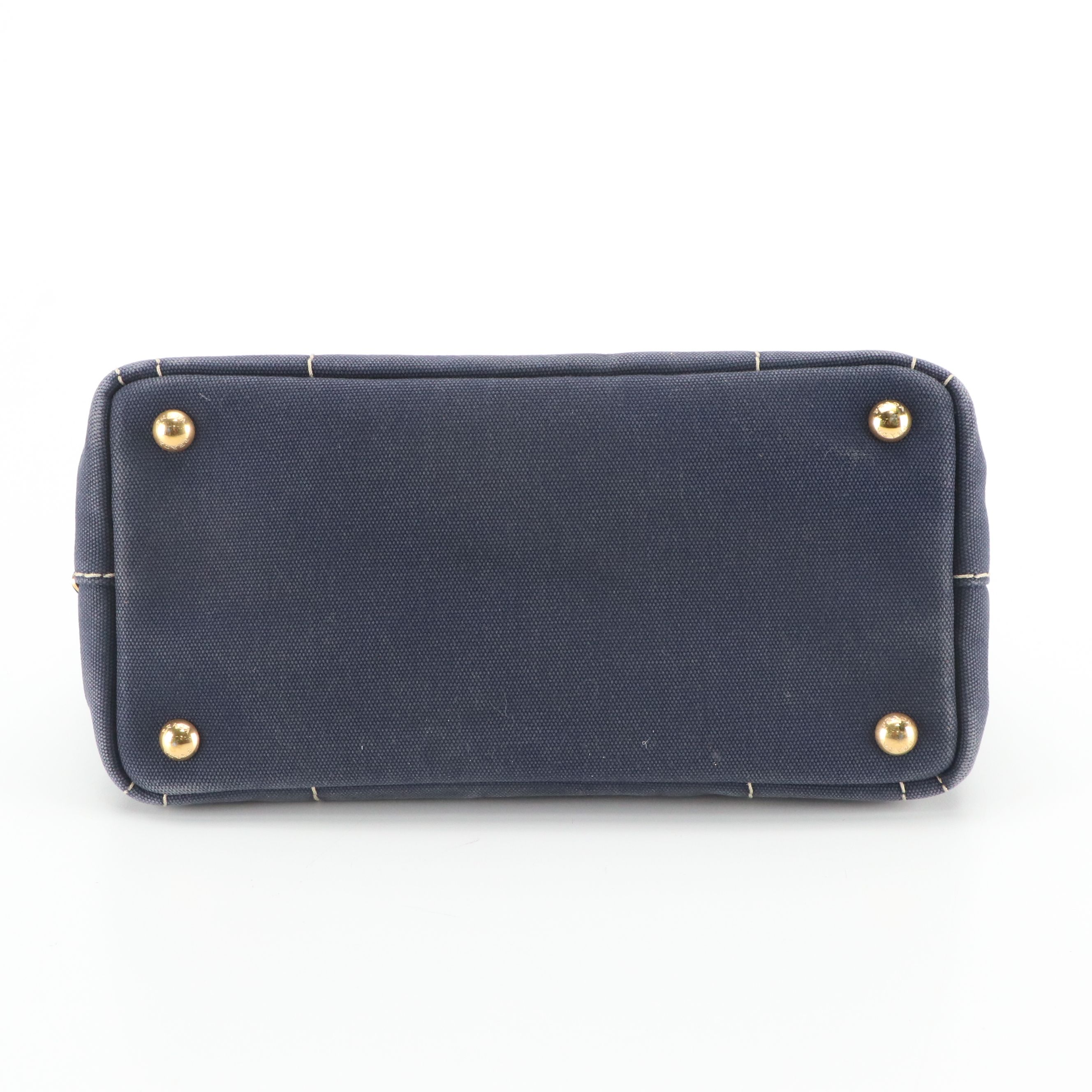 Prada Small Navy Canapa Canvas Two-Way Tote with Picnic Gingham Lining