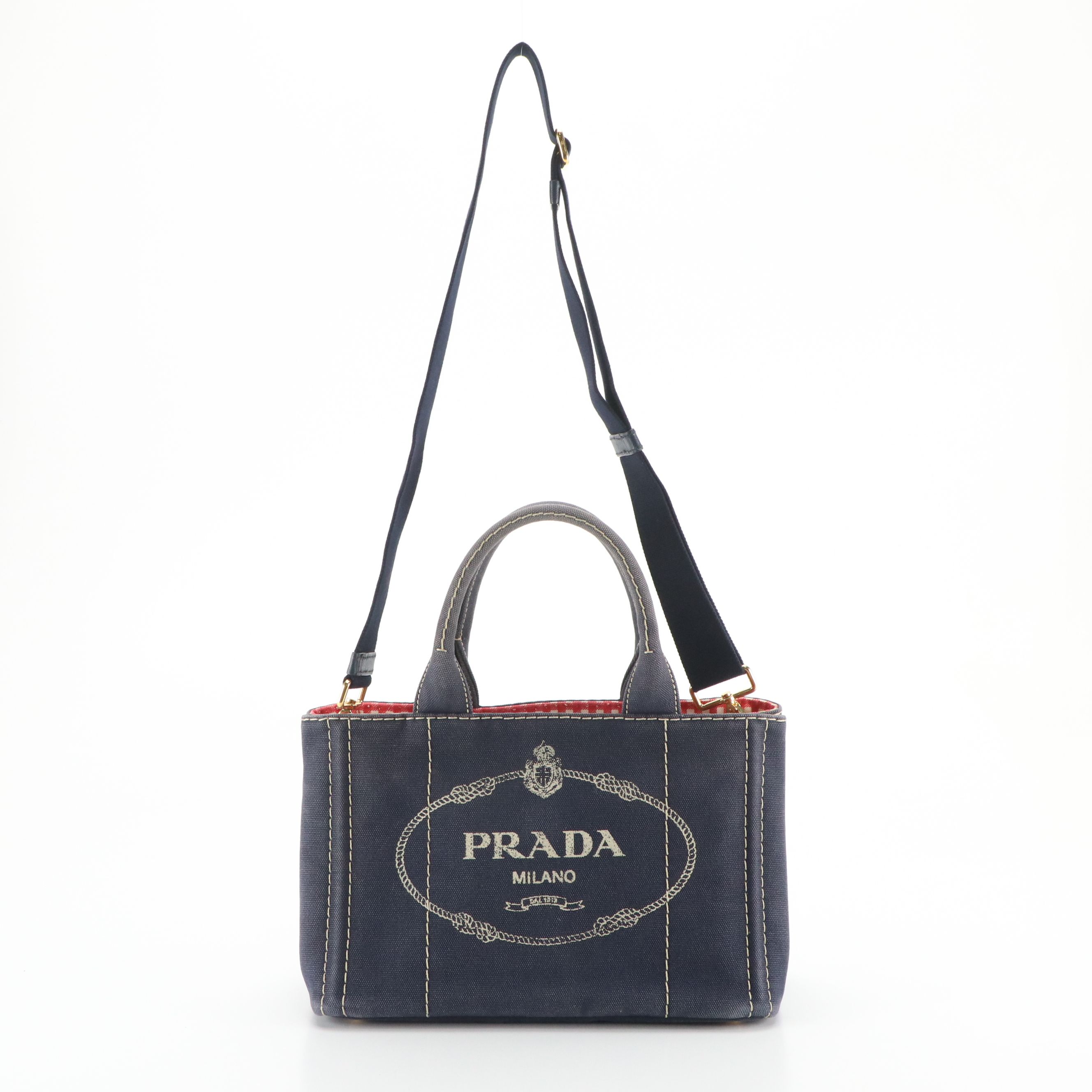 Prada Small Navy Canapa Canvas Two-Way Tote with Picnic Gingham Lining
