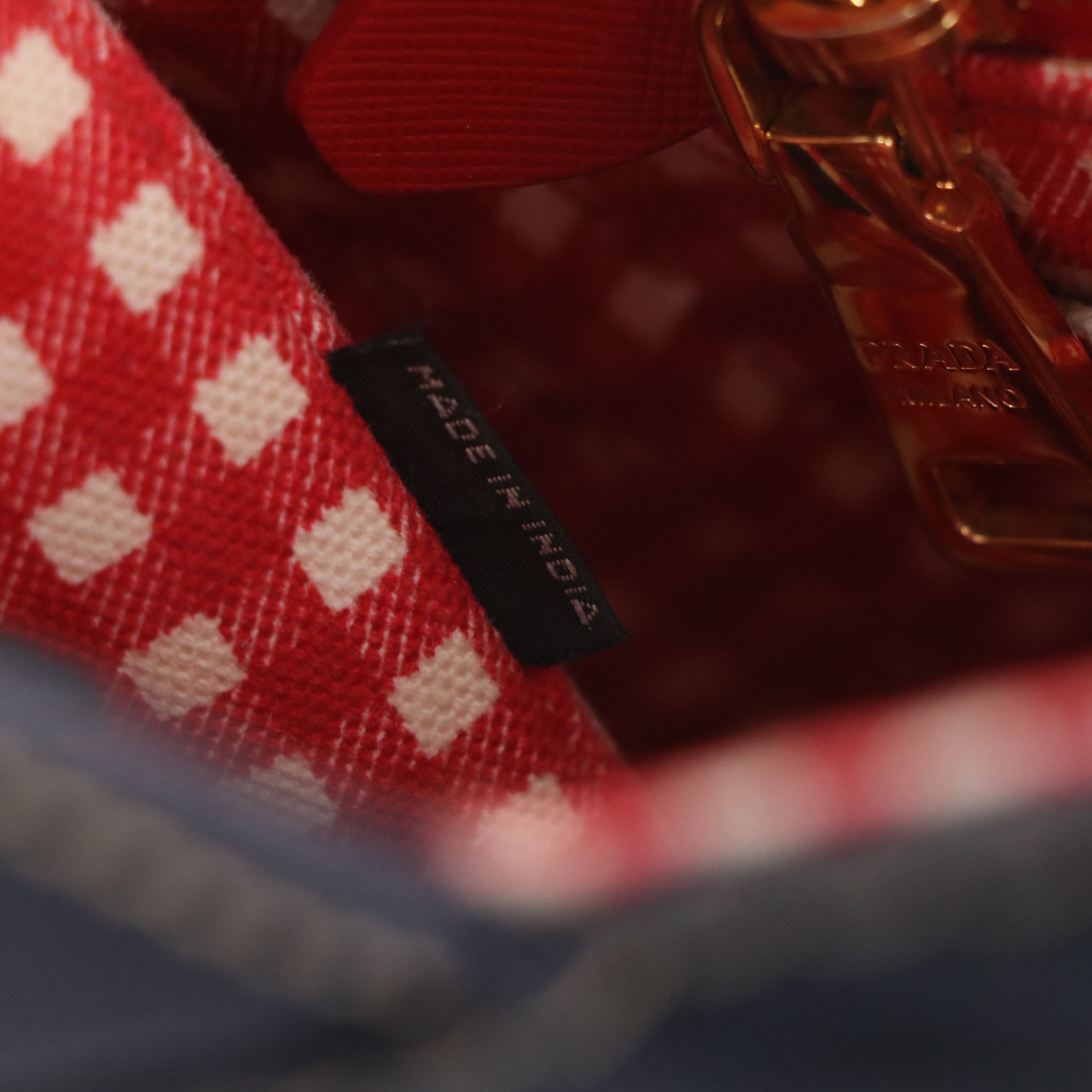 Prada Small Navy Canapa Canvas Two-Way Tote with Picnic Gingham Lining