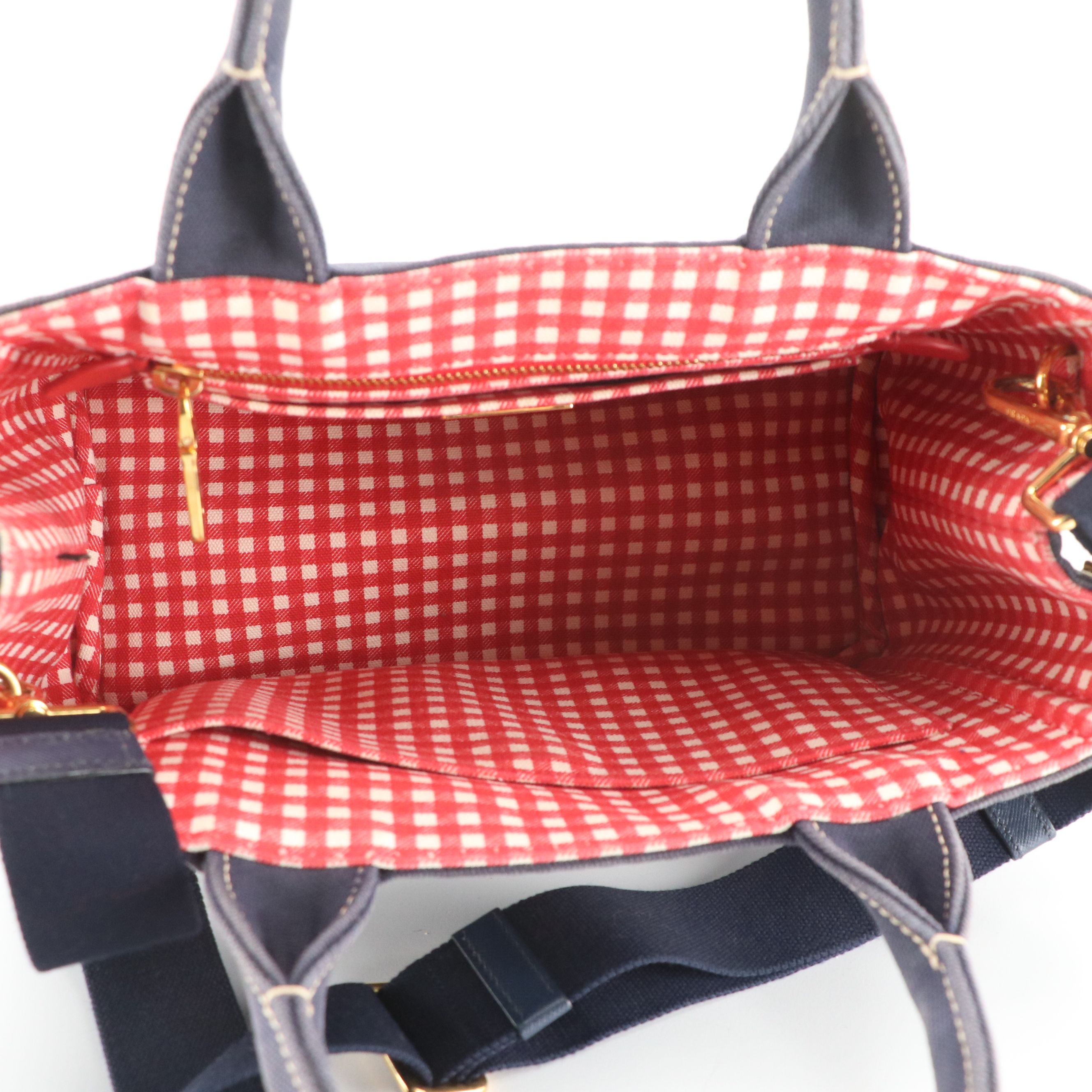 Prada Small Navy Canapa Canvas Two-Way Tote with Picnic Gingham Lining