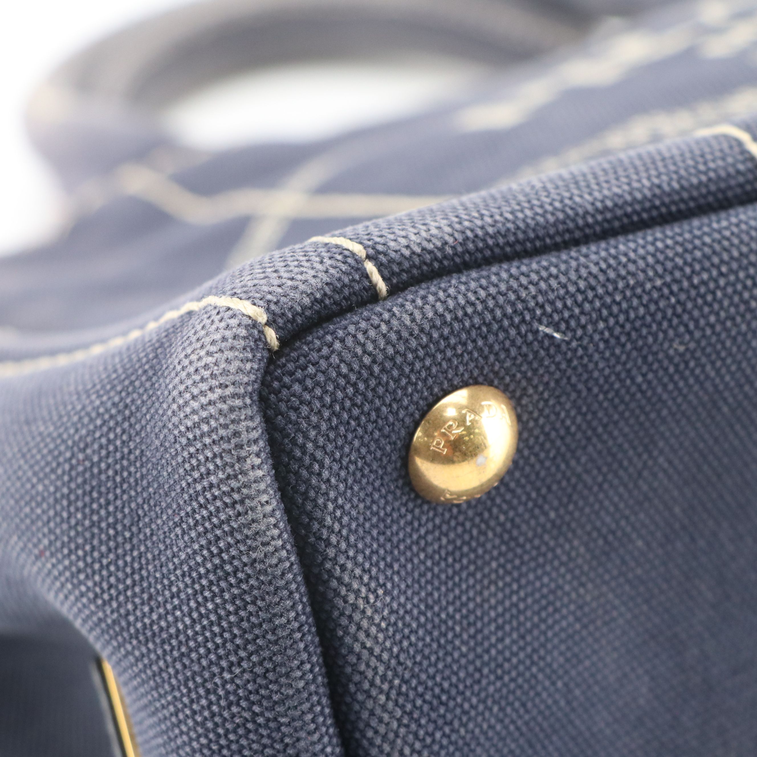 Prada Small Navy Canapa Canvas Two-Way Tote with Picnic Gingham Lining